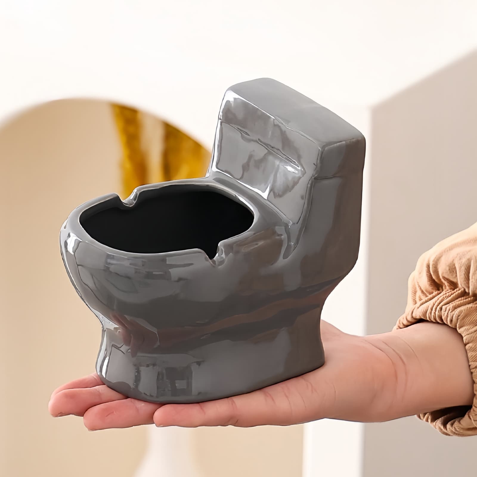 JANKOW Toilet-Shaped Ashtray - Creative and Trendy Decorative Office Ornament for Home and Office (Grey) - 4