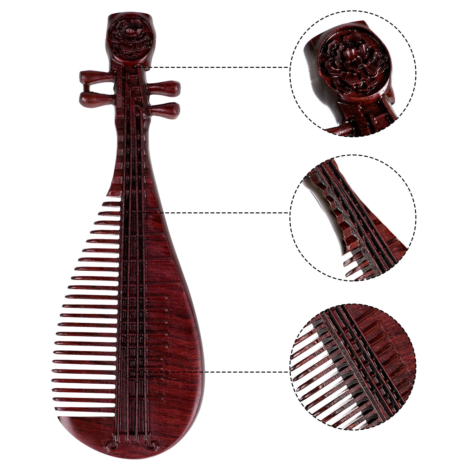 JANKOW Hand-Carved Sandalwood Wooden Hair Comb, Natural Red Sandalwood Pipa-Shaped Wide-Tooth Anti-Static Detangler & Scalp Massager for Women, 1-Pack - 1