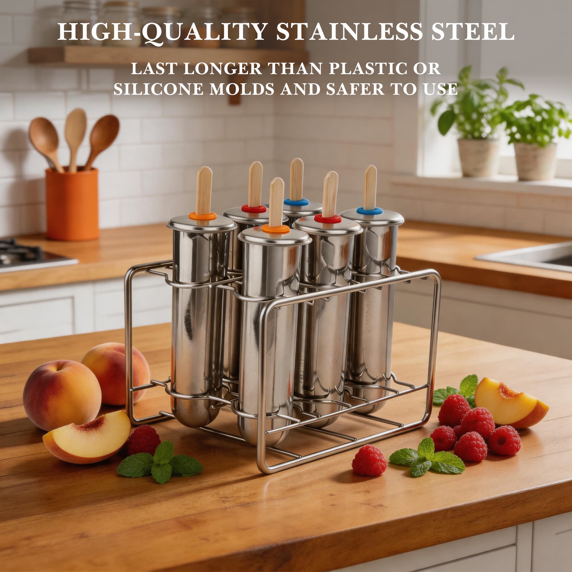 ReignSword 304 Stainless Steel Popsicle Molds, Set of 6 Reusable Ice Pop Molds with Holder, Complete Kit with Sticks & Bags, Homemade Ice Cream Maker for Freezer - 5