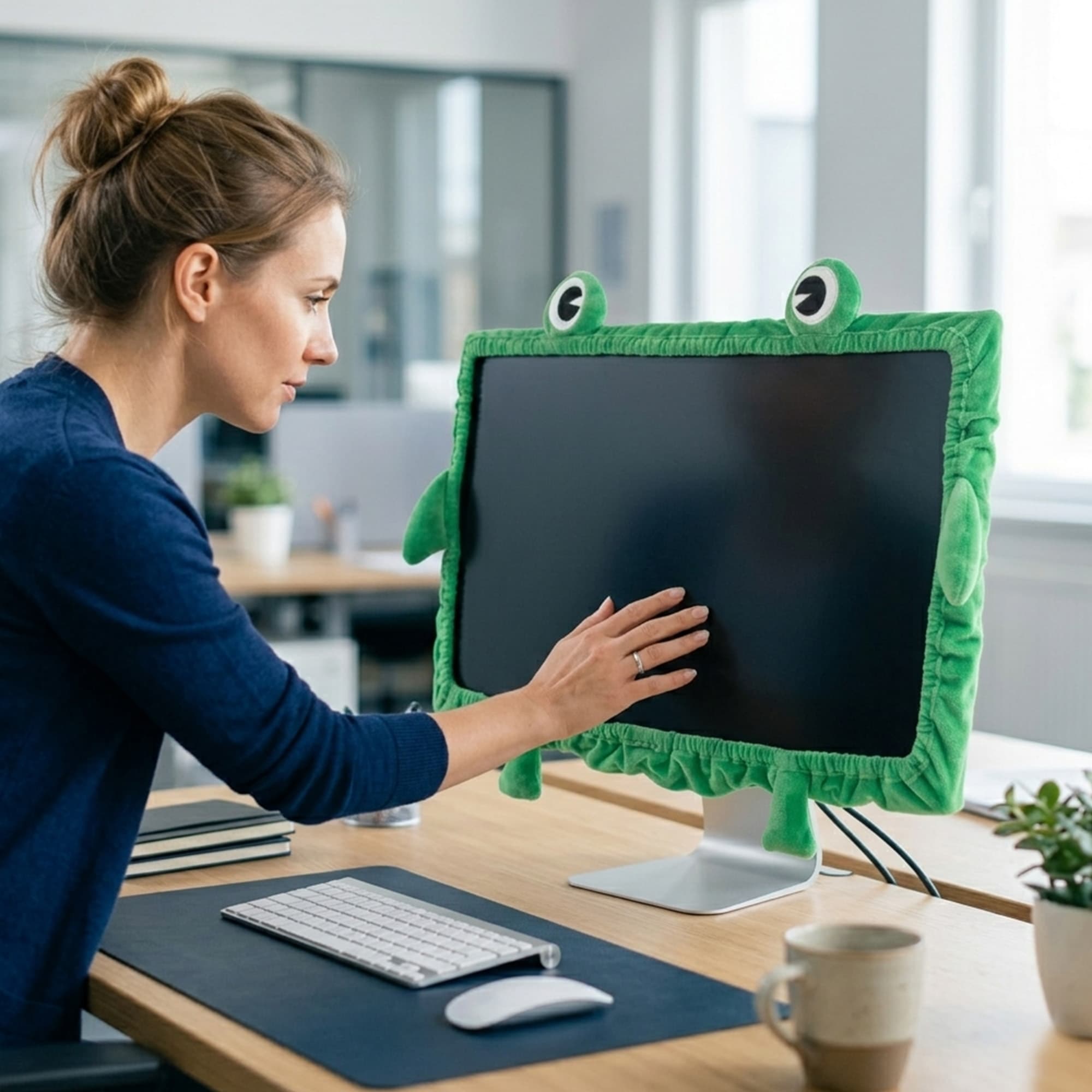 Kingshion Frog Monitor Cover, 23–27 Inch Cute Green Computer Screen Bezel Cover, Stretch Polyester with Elastic Band, Easy Install Desk Decor for Home Office, 1-Pack - 5