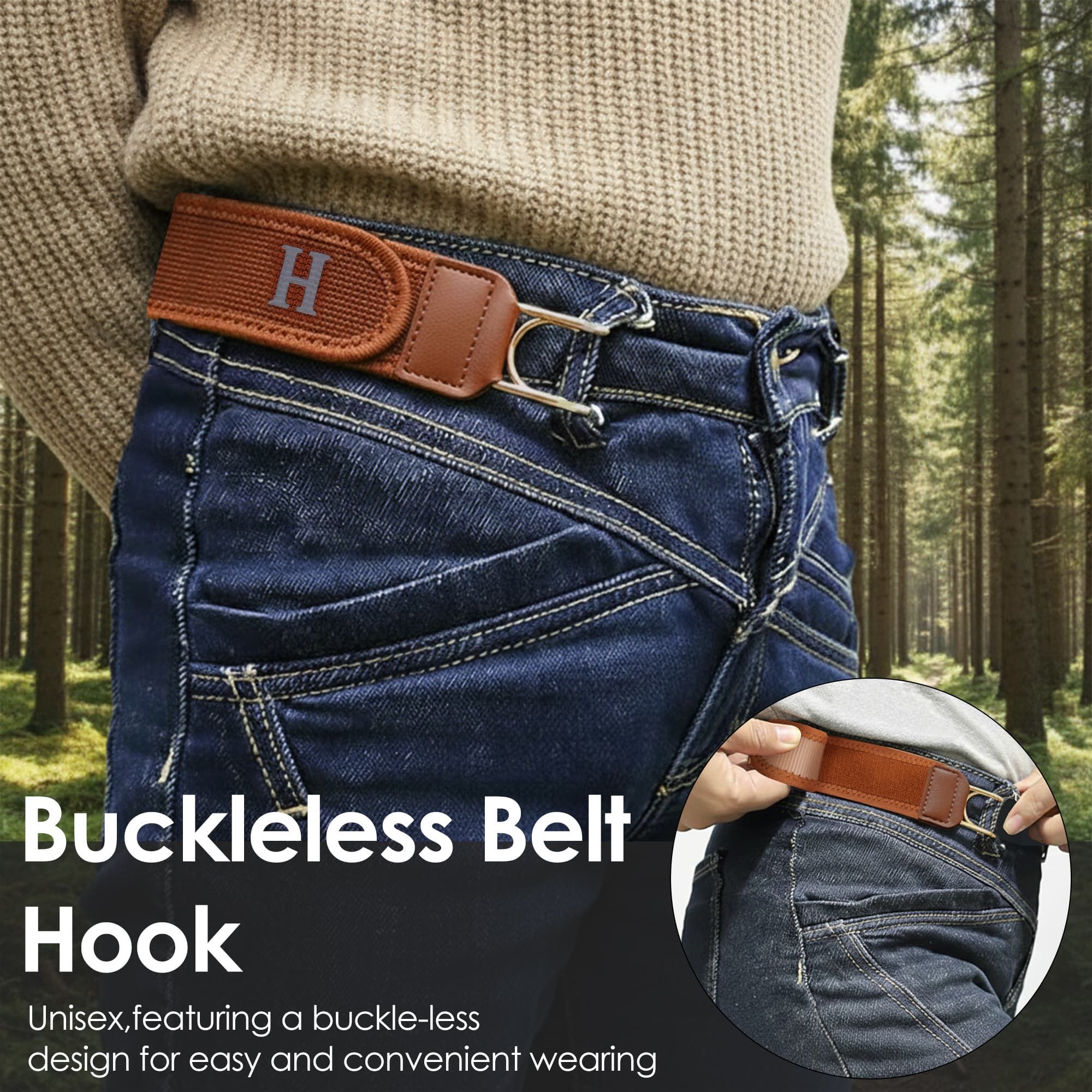 ReignSword 2 Pcs No Buckle Elastic Stretch Belt, Adjustable No Buckle Belts for Men and Women,  Invisible Buckleless Belts without Buttons for Jeans (Brown) - 5