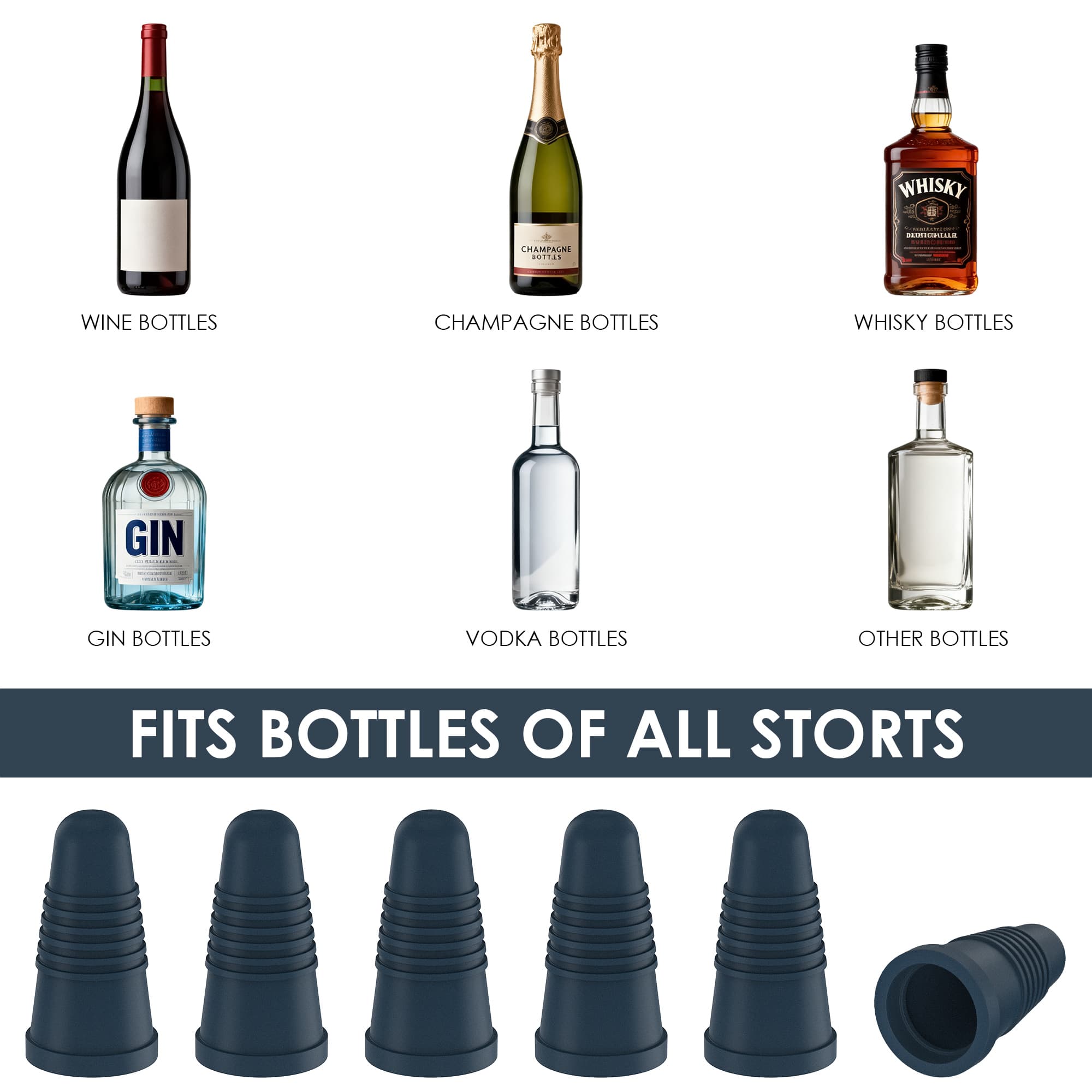 JANKINGS Silicone Wine Bottle Stoppers, Gray Blue, 6 Pack – Reusable Airtight Tapered Plugs for Standard Wine Bottles, Leakproof, BPA-Free, Dishwasher Safe - 2