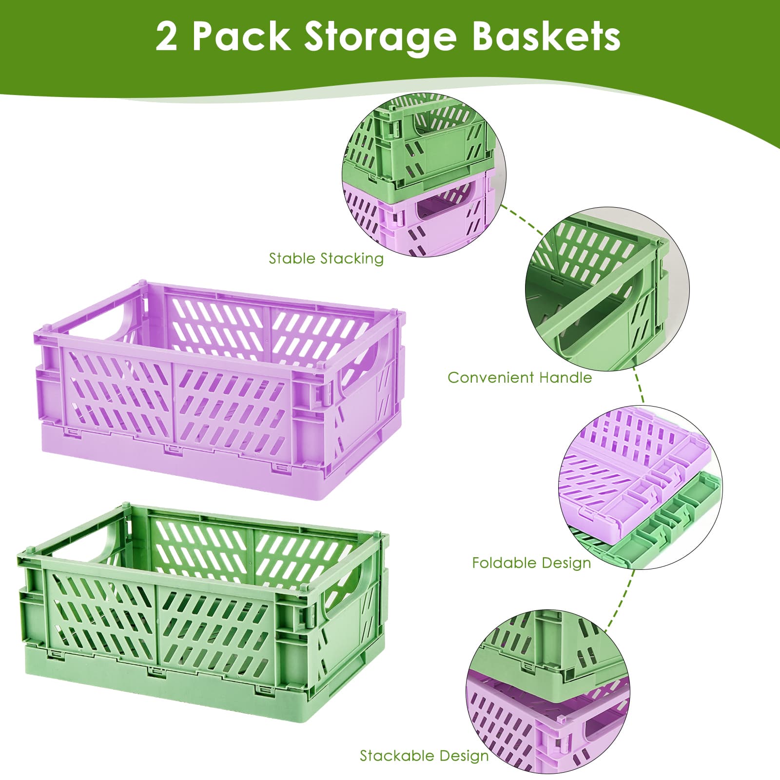 JANKOW Drawer Organizers, Plastic Foldable Baskets, Collapsible Stacking Storage Bins, Plastic Crates for Storage, and Organizing with Crate Bin, Office (2 Packs Purple + Green) - 3