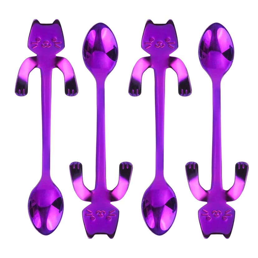 JANKOW 4PCs Cat Spoon Coffee Teaspoon, Stainless Steel Hanging Cup Tea Spoon, Dessert Scoop for Stirring Drink, Mixing Milkshake Jam, Set of 4 (Purple) for Tea, Coffee, Dessert, Sugar, Ice Cream