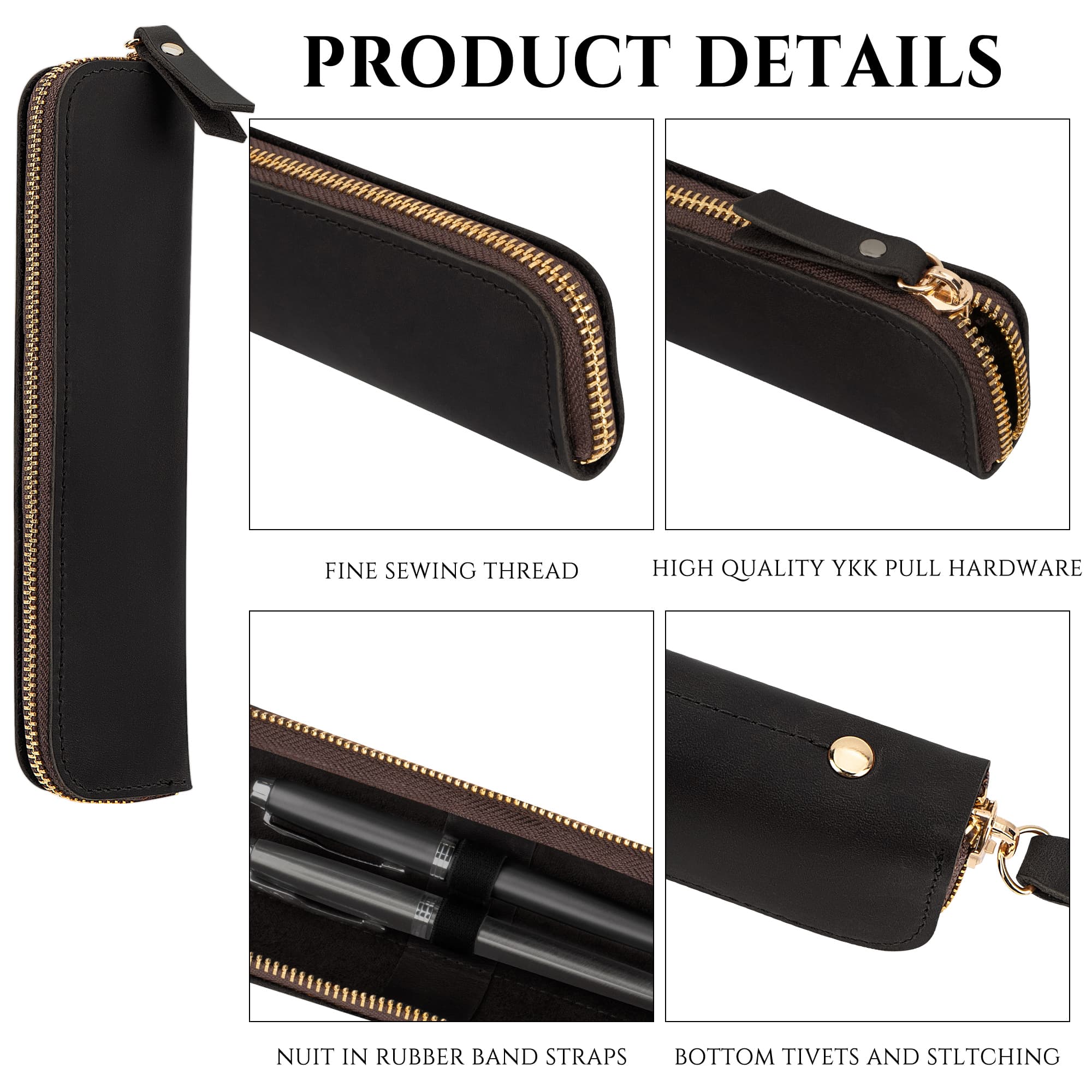 JANKINGS Genuine Leather Pen Case with Dual Elastic Loops - Vintage Fountain Pen Pouch with Metal Zipper - 2-Slot - 2