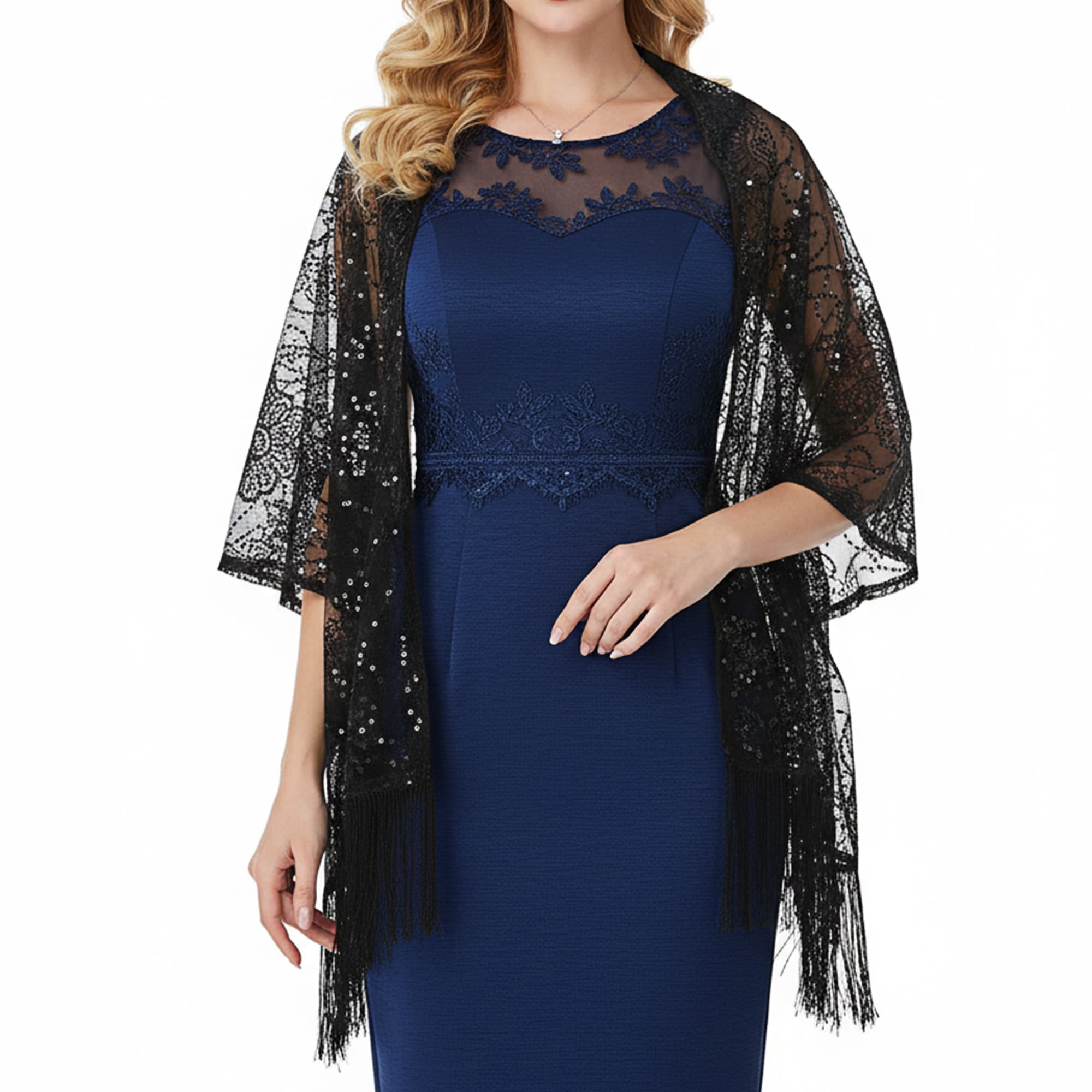 ReignSword Women Sheer Shawls with Floral Sequin Design for Evening Dresses, Elegant Wedding Bridal Lace Scarf, Formal Party Dress Cover with Tassels (Black) - 6