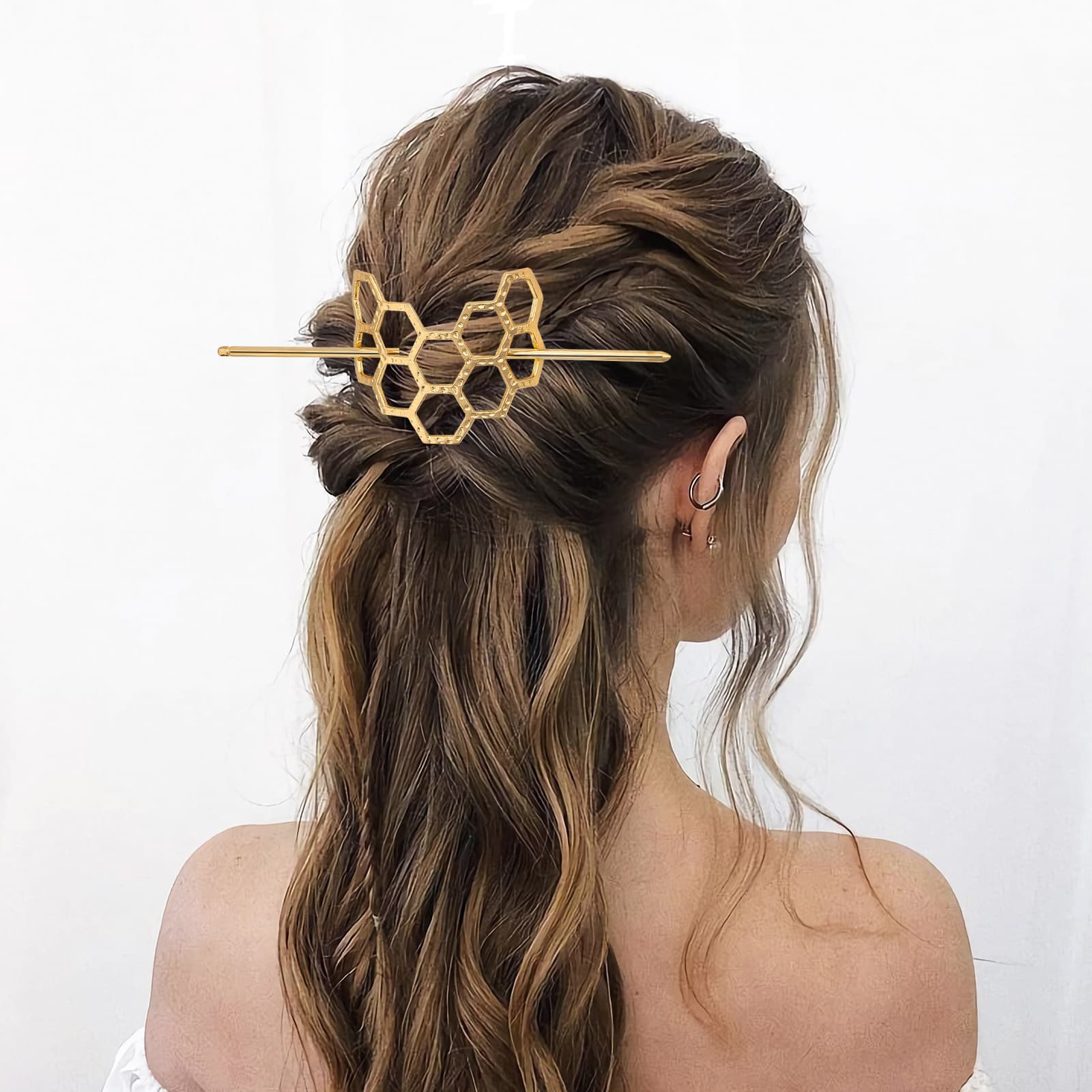 CAIRIAC Honeycomb Hair Clips Slide Hairpins Minimalist Bee Hair Barrette Bun Hair Pins Metal Hair Slide with Stick Creative Hair Accessories for Women Girls Gifts (Golden) - 2