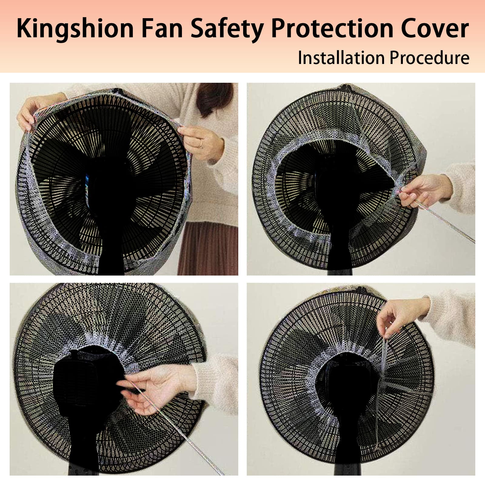 Kingshion 2 Pack 14-16 Inches Fan Safety Protection Cover, Finger Protect Fan Net Guard, Damp-Proof Cover for Pedestal Fan, Summer Washable Dustproof Safety Fan Protection, Black - 3