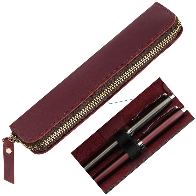 JANKINGS Genuine Leather Pen Case with Dual Elastic Loops - Vintage Fountain Pen Pouch with Metal Zipper - Slim 2-Slot Pencil Sleeve Organizer for Expensive Pens, Writing Instruments - Wine Red