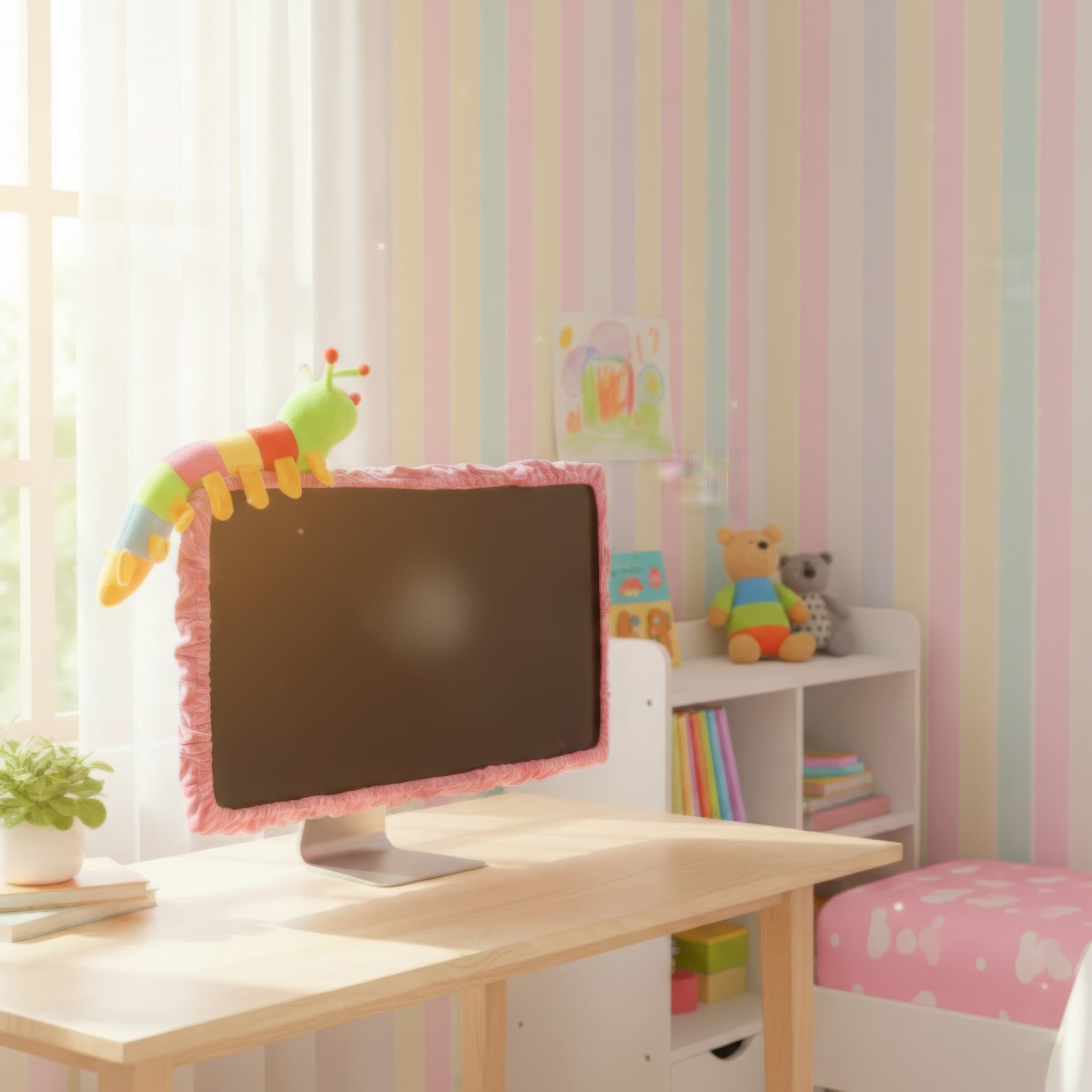23"-27" Lovely Cute Caterpillar Computer Monitor Cover with Elastic, TV LCD Screen Monitor Decoration Dust Cover Protector, Pink - 6