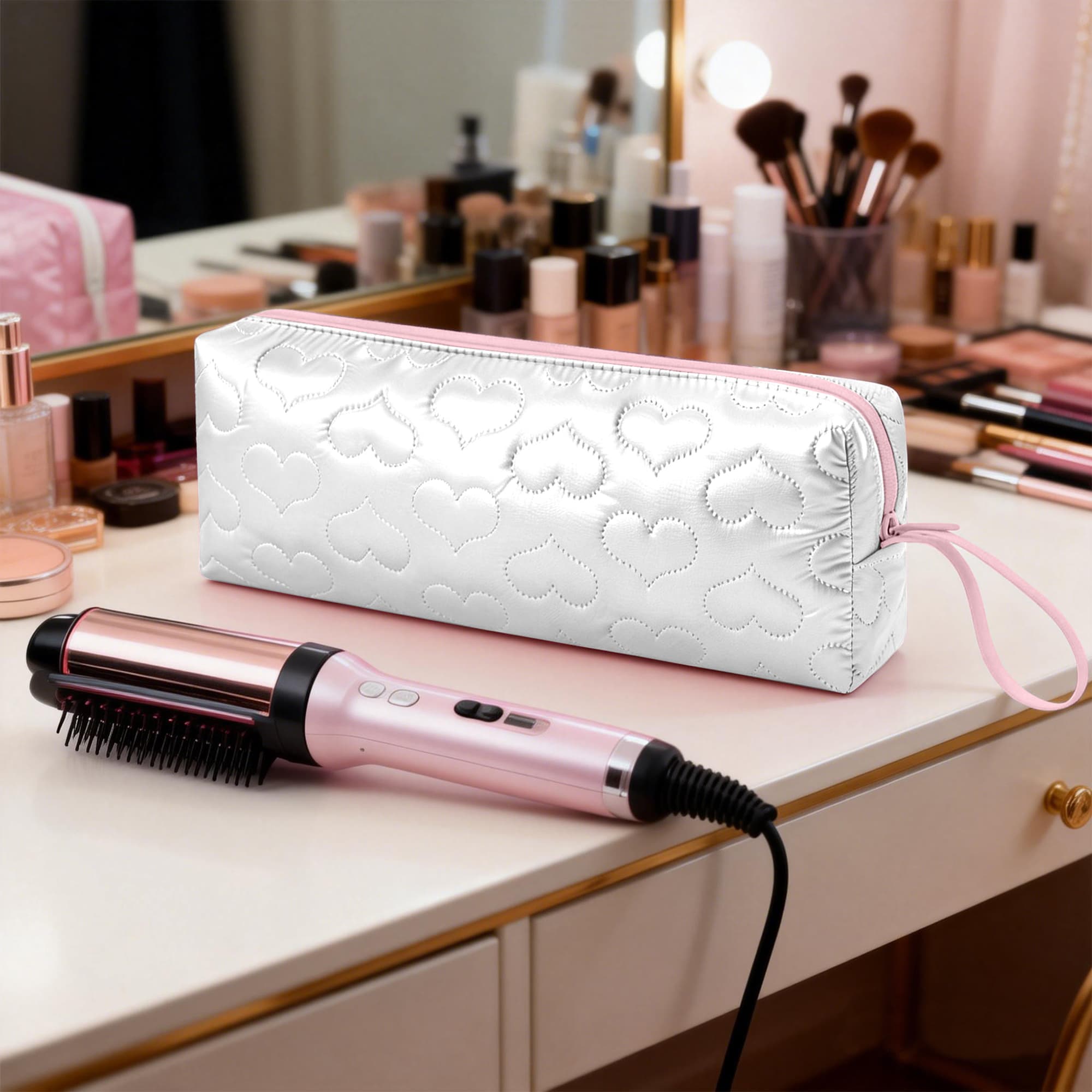ReignSword Heat Resistant Hair Tools Travel Bag, Portable Storage Case Pouch with Heart Pattern for Curling Irons, Flat Irons, Hair Straighteners and Accessories (White) - 6