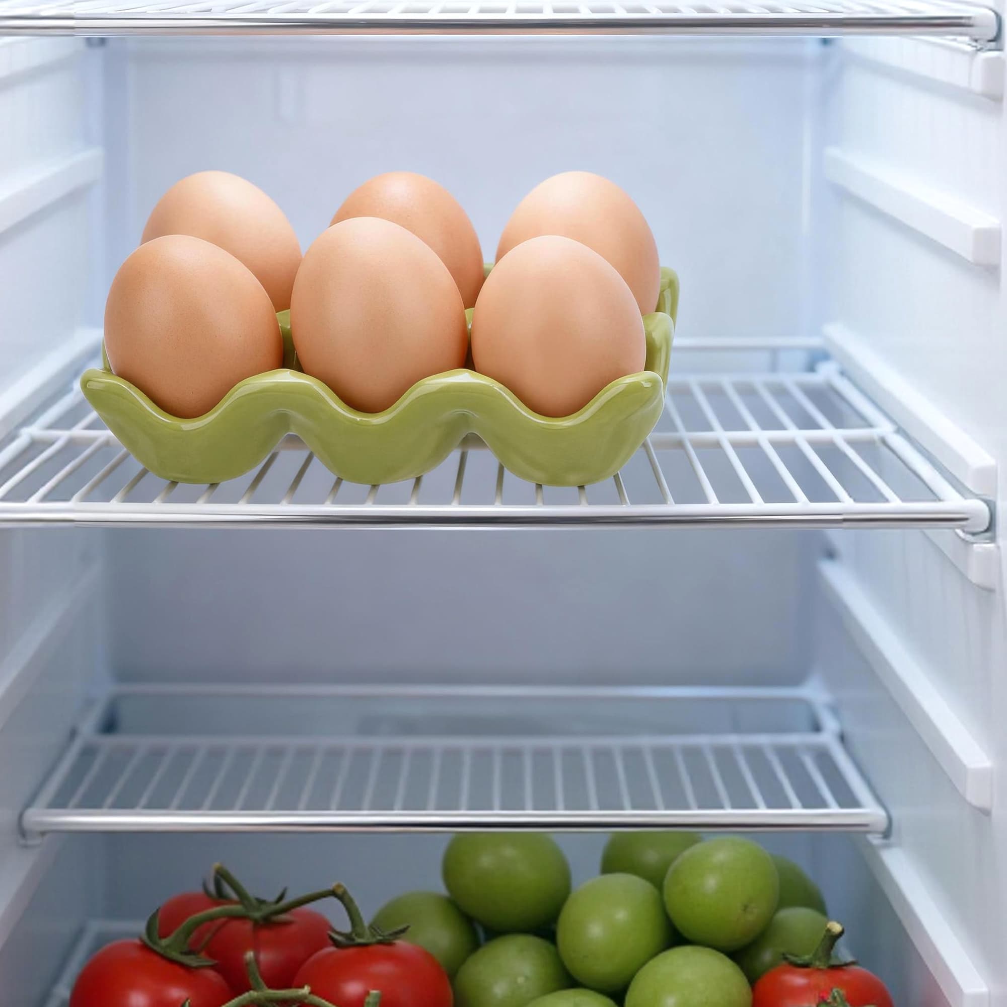 JANKINGS Ceramic Egg Holder Trays, 2-Pack Green, 6-Slot Each (12 Eggs Total) — Countertop & Fridge Egg Cups Organizer, Glazed Stoneware Egg Rack - 5