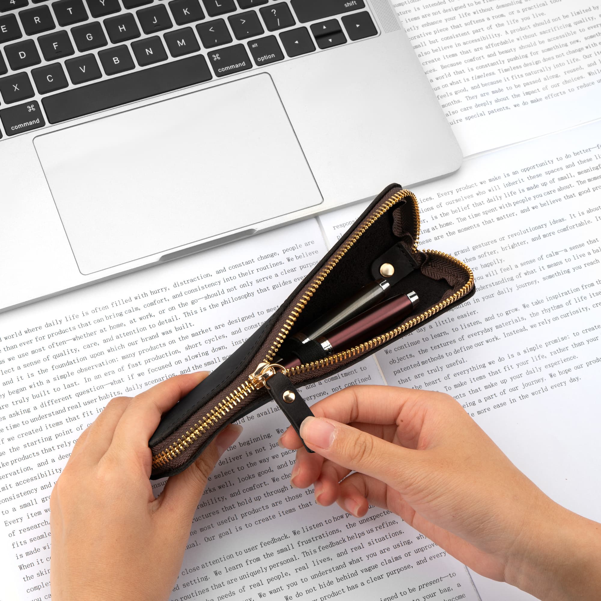 JANKINGS Genuine Leather Pen Case with Dual Elastic Loops - Vintage Fountain Pen Pouch with Metal Zipper - 2-Slot - 5