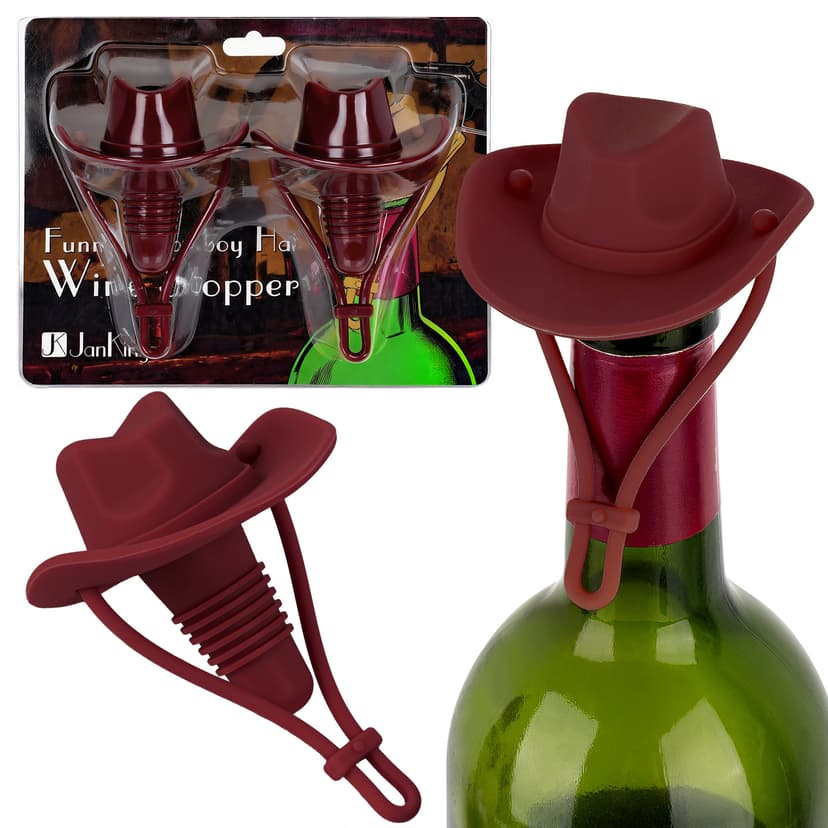 JANKINGS Silicone Cowboy Hat Wine Stoppers, Wine Red, 2 Pack – Reusable Tapered Bottle Sealers for Standard Wine Bottles, Fun Western Novelty Wine Accessories