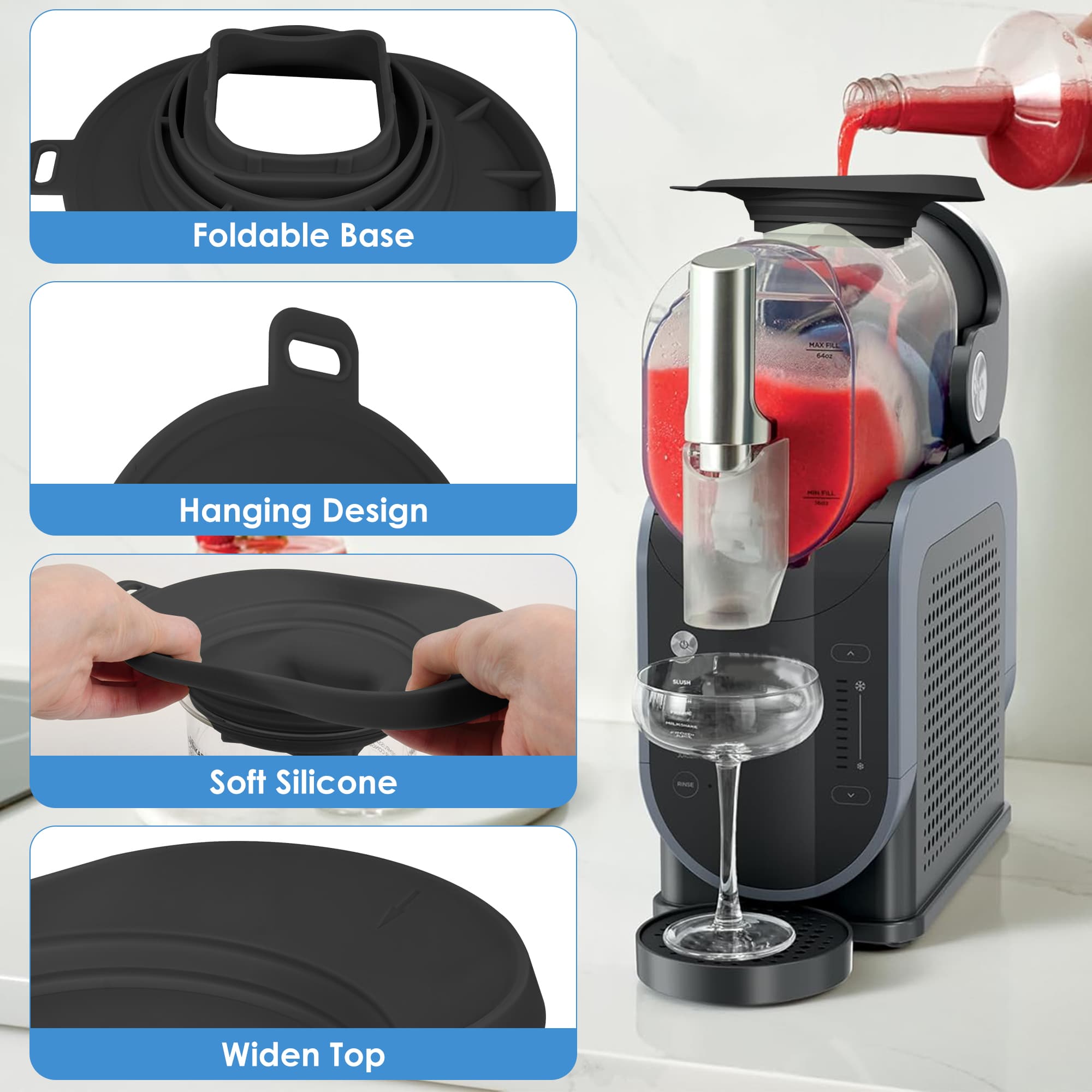 Anti-Splash Liquid Guide Cover Compatible with Ninja Slushie Machine FS301 FS300, Food-Grade Silicone Flow Hood & Foldable Funnel, Creami Swirl Pints Containers Accessories for No Spills (Black) - 2