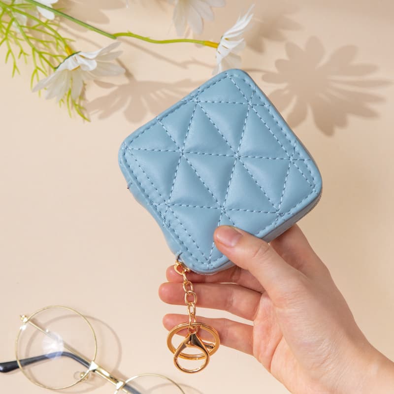 JANKOW Mini Cosmetic Pouch with Mirror, Light Blue Quilted PU Leather Makeup Bag for Purse, Zipper Travel Lipstick Case, 1-Pack - 3