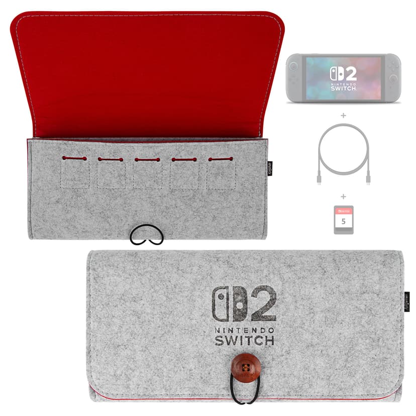 Felt Carrying Bag Compatibility with 2025 Switch 2, Double-mouth Portable Travel Bag Ultra Slim Felt Pouch with 5 Game Cartridges Holders for Switch 2 - Light gray