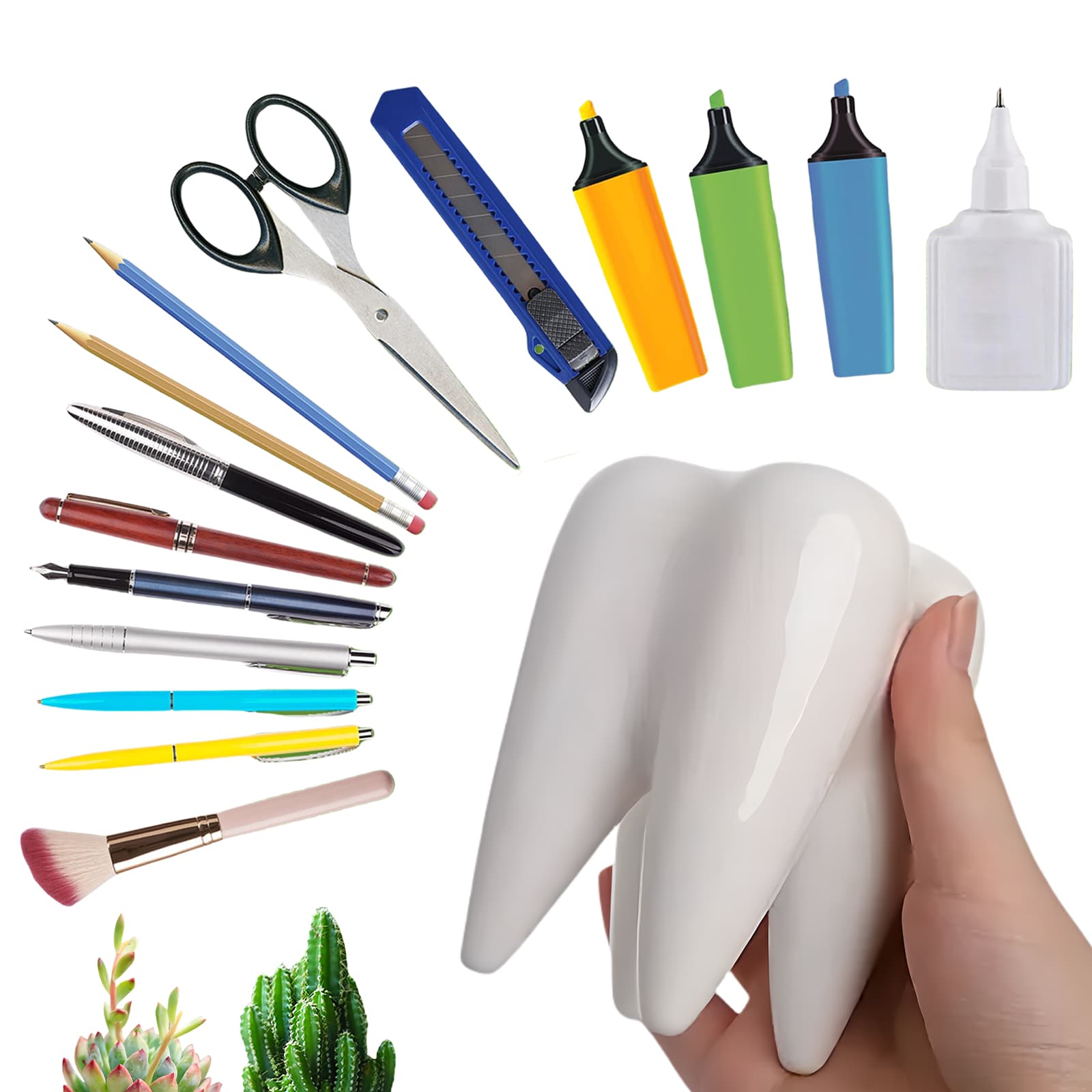 JANKOW Ceramic Tooth Pen Holder, Cute Desktop Pen Holder, Interesting, Unique Appearance, Suitable for Office, Classroom (White) - 3
