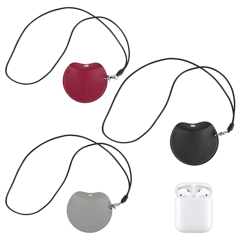 JANKOW 3-Pack Earbud Carrying Pouches with Lanyard, PU Leather Mini Storage Bags for AirPods & Bluetooth Earphones, Universal Protective Cases for Earbuds, Coins & Small Accessories, Black/Red/Gray