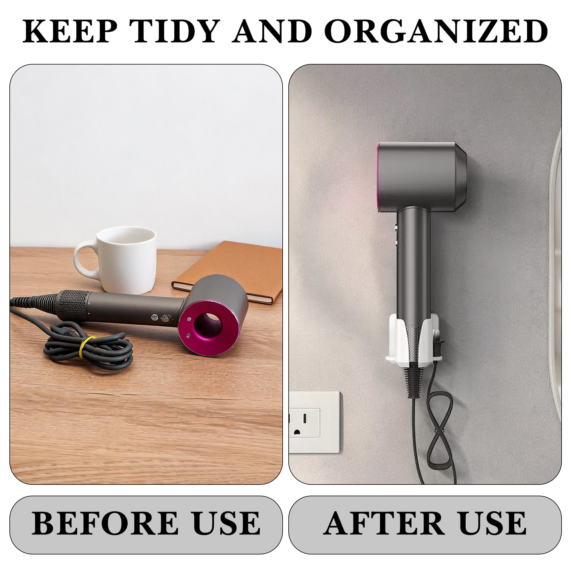 ReignSword Hair Dryer Wall Mount Holder, Plastic Bathroom Organizer Rack Compatible with Dyson Supersonic HD17, Blow Dryer Storage Stand with Inner 1.54" Diameter (White) - 4