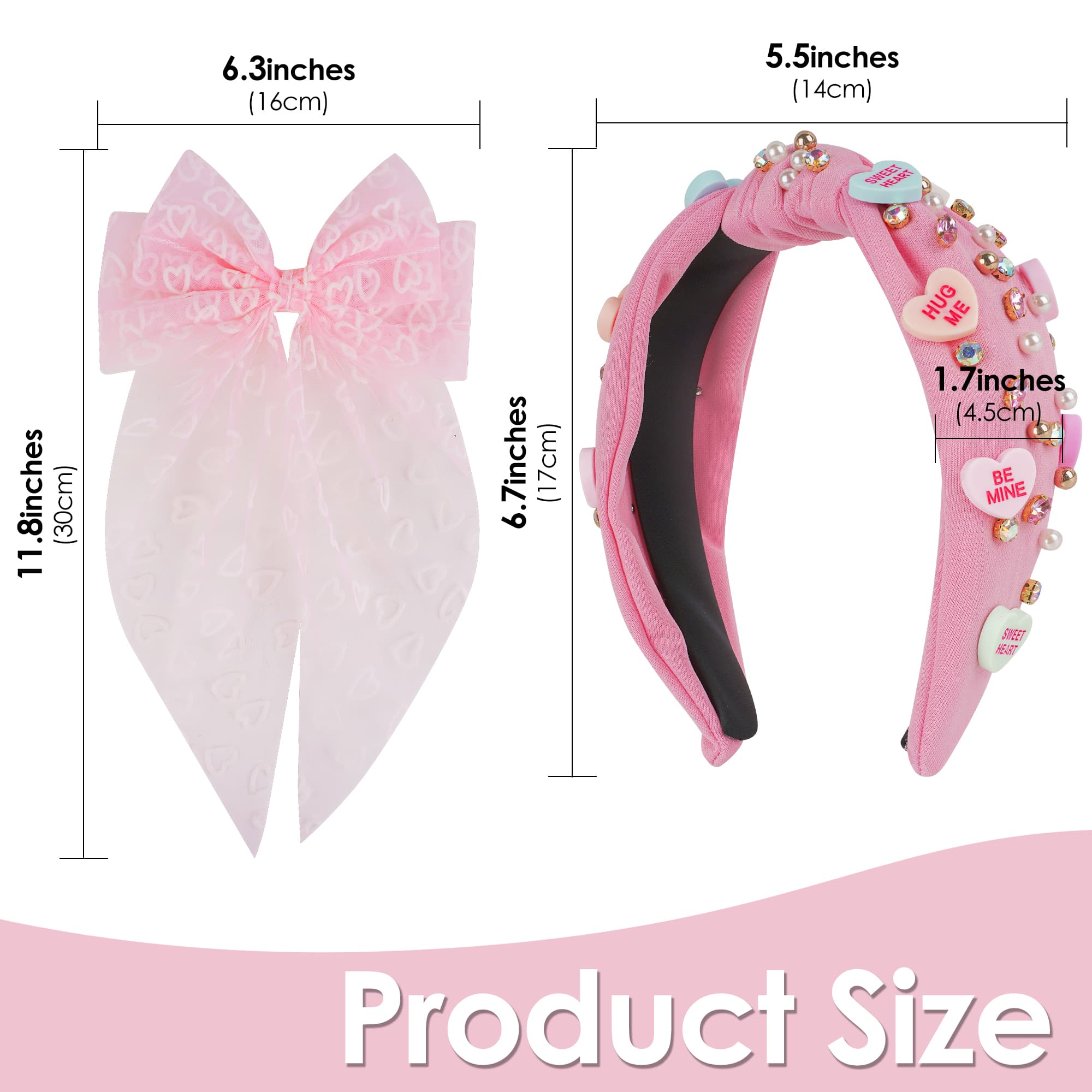 ReignSword Valentine's Day Hair Accessories Set for Women Girls, Crystal Knotted Headband with Long Tail Mesh Bow Hair Clip, Pink Fashion Party Wedding Birthday Gifts - 3