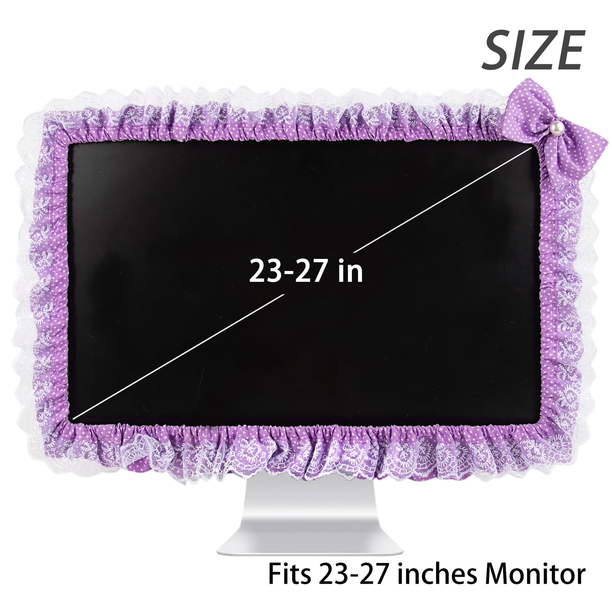Kingshion 23"-27" Lovely Cute Computer Monitor Cover with Lovely Cute Elastic Pen Pocket Bow-knot TV LCD Screen Monitor Decoration Dust Cover Protector, Lace Fabric, Purple - 1