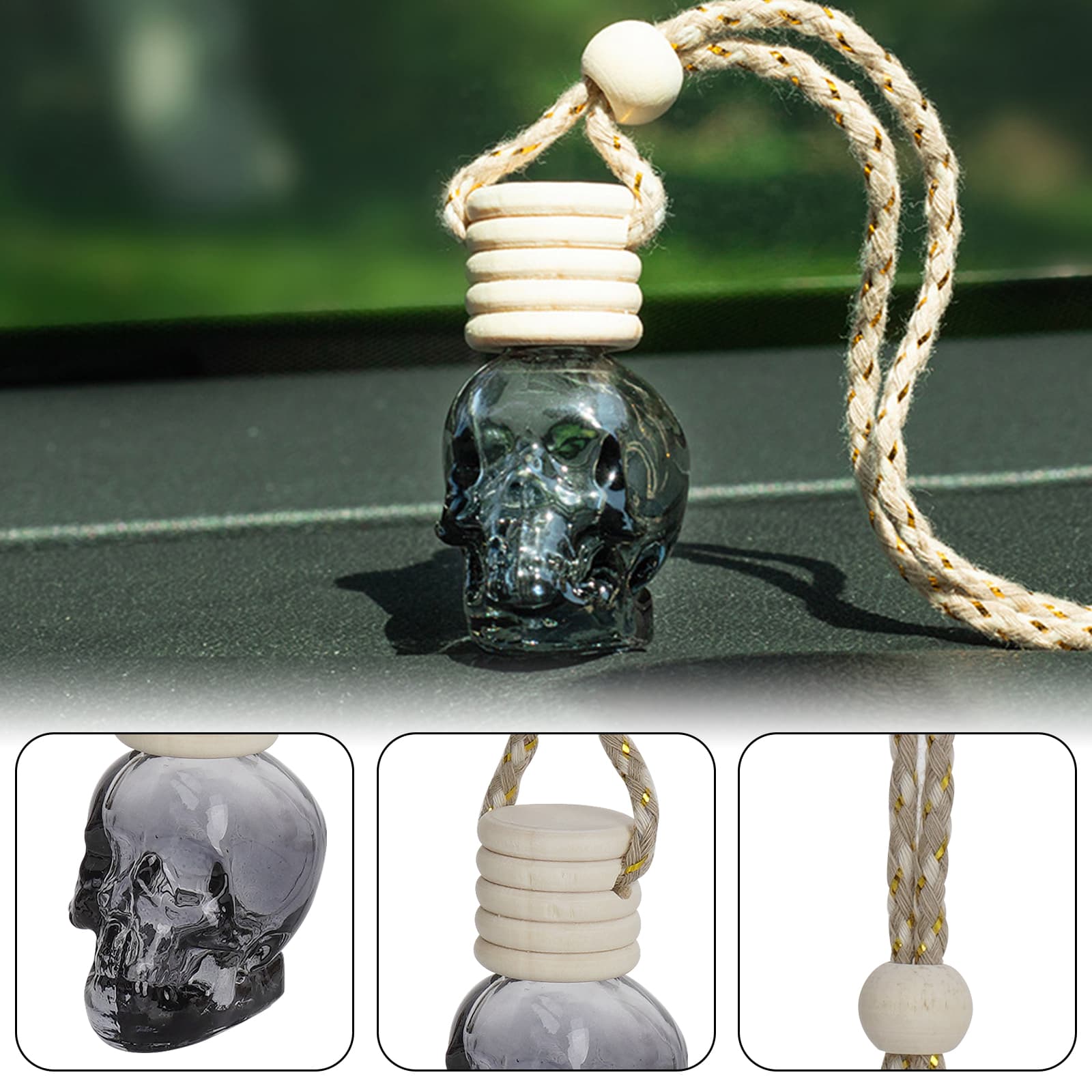 JANKOW Skull Air Freshener Car Hanging, Car Air Freshener Cars Diffuser Bottles, Refillable Perfume Bottles Pendant Auto Interior Decor for Essential Oil Fragrance Aromatherapy Bottle Ornament (6 Pcs) - 2