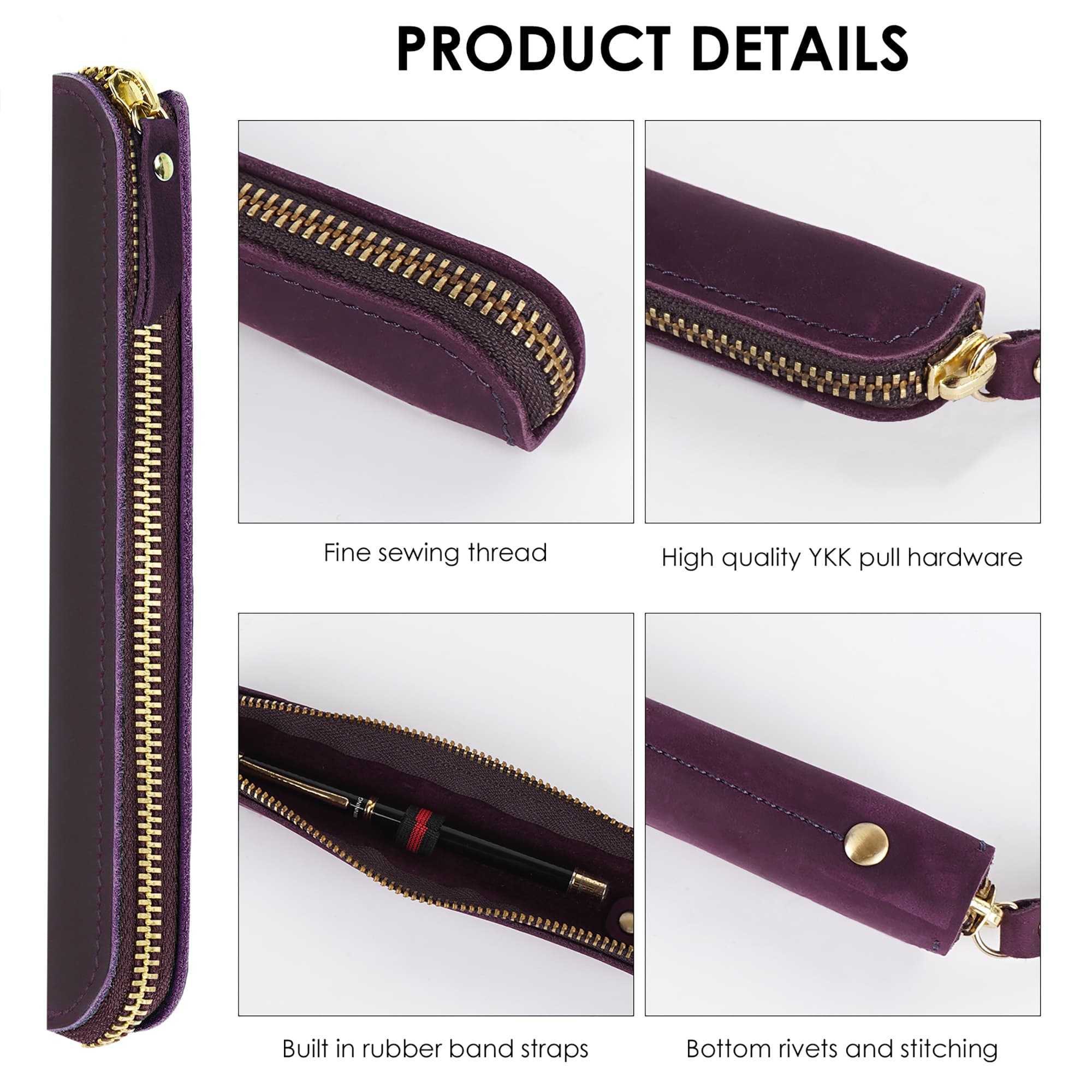JANKOW Crazy Horse Leather Zipper Pen Pouch Handmade, Single Pen Case Fountain Pen Sleeve Holder Pouch Cover Vintage, Mini Pencil Bag (Purple) - 2