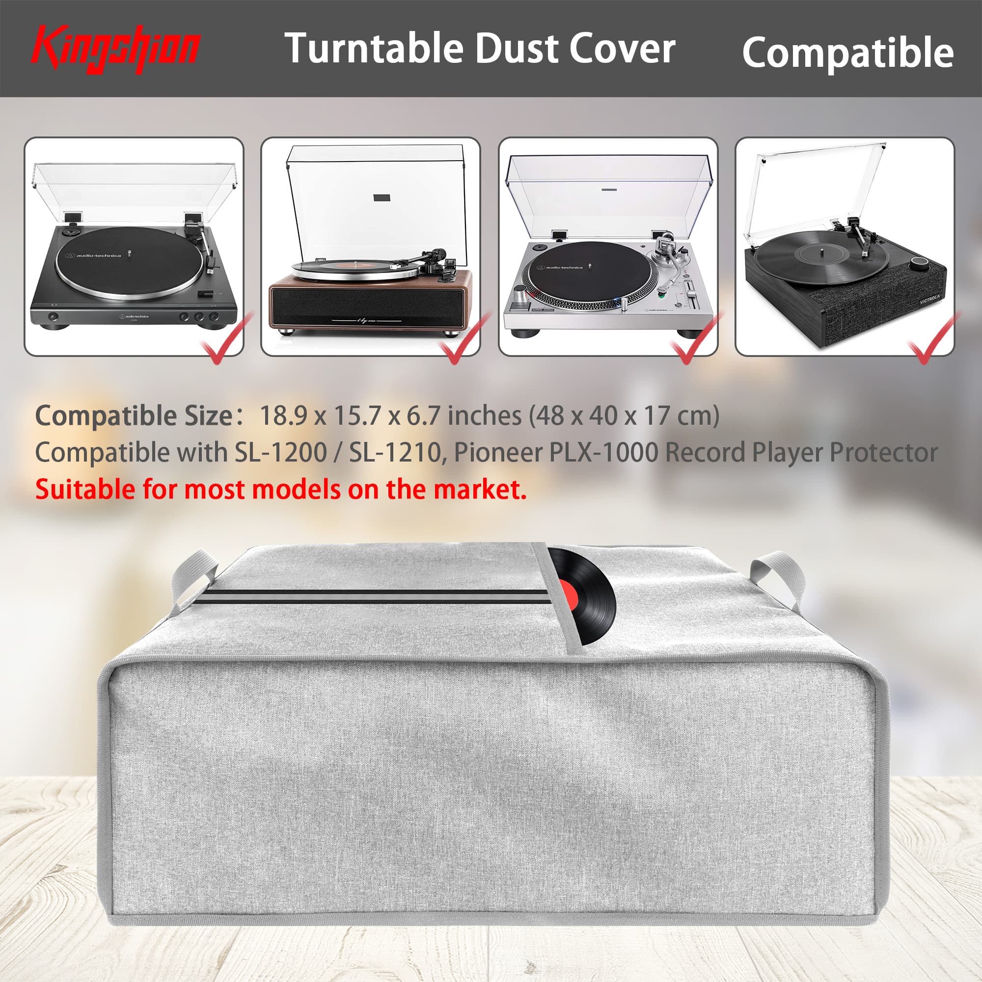 Kingshion Turntable Dust Cover, Record Player Protective Case Compatible with SL-Q300/SL-B250 /SL-B260/SL-BD20/SL-BD27/SL-BD35/SLD-20/SL-PC11/SL1200/SL1210 Pioneer PLX 1000-Light Grey - 3