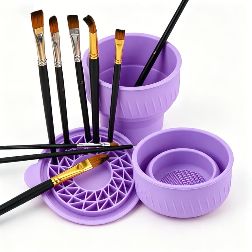 JANKINGS Collapsible Paint Brush Cleaner with Lid, Silicone Paint Water Cup with Scrubber Bottom for Watercolor Acrylic Oil Painting, Portable Brush Washer Holder for Artists & Students, Purple