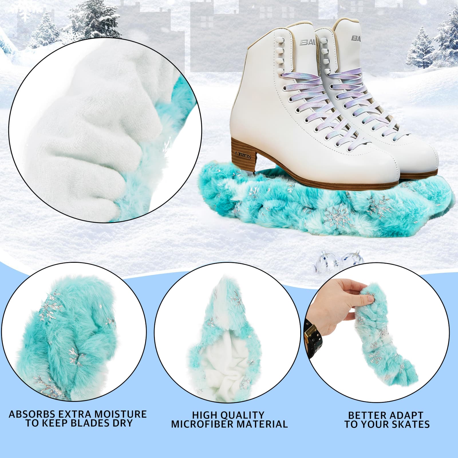RidingRush Figure Skating Blade Guards - Soft Plush Fur with Snowflake Sequins, Stretchable Design, Bamboo Fiber Lining, Fits Most Skate Sizes, Green Tea - 4