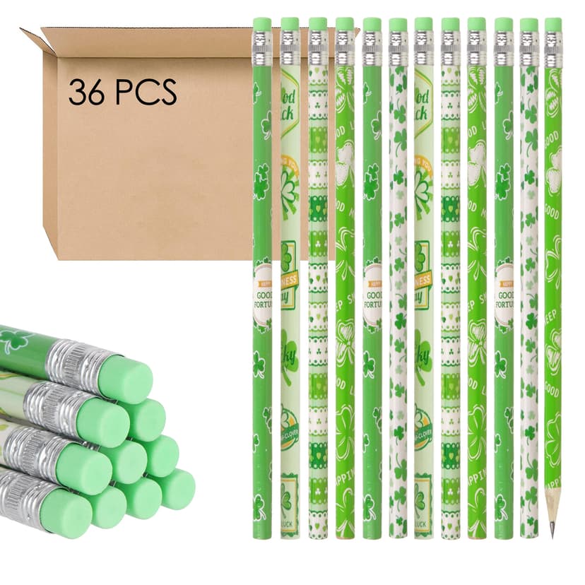 JANKOW 36 Pcs St. Patrick's Day Pencils Bulk - 6 Assorted Shamrock Patterns - HB Graphite Wood Pencils with Eraser for Classroom Rewards, Goodie Bag Fillers, Green Party Supplies