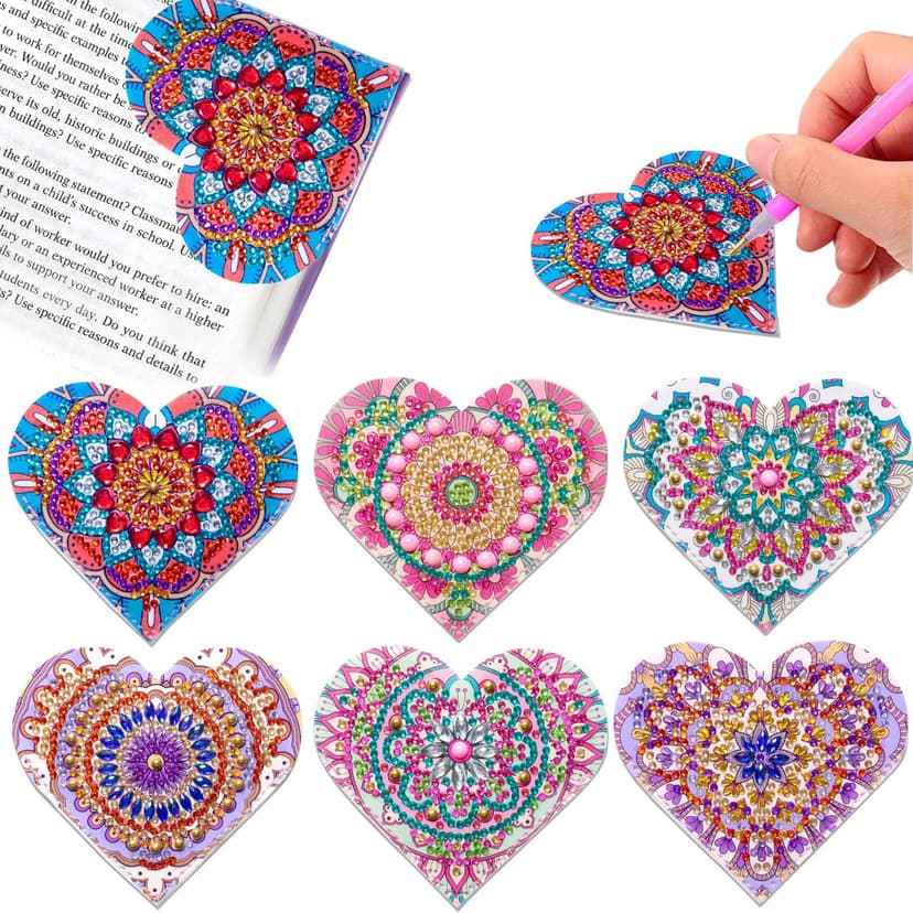 JANKOW Heart Diamond Painting Bookmarks Kits Handmade Corner Bookmark, DIY Diamond Art Bookmarks, Leather Bookmark for Birthday Gifts, Book Lovers Gifts, Adults and Kids Gift ( 6 PCS )