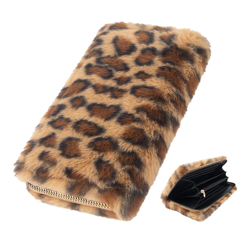 Leopard Print Fuzzy Clutch Wallet - Plush Faux Fur Handbag with 5 Bill Compartment, 8 Card Slots & Zipper Coin Pocket, Durable Scratch Prevention Multi-Pocket Handle Purse for Women (Brown)
