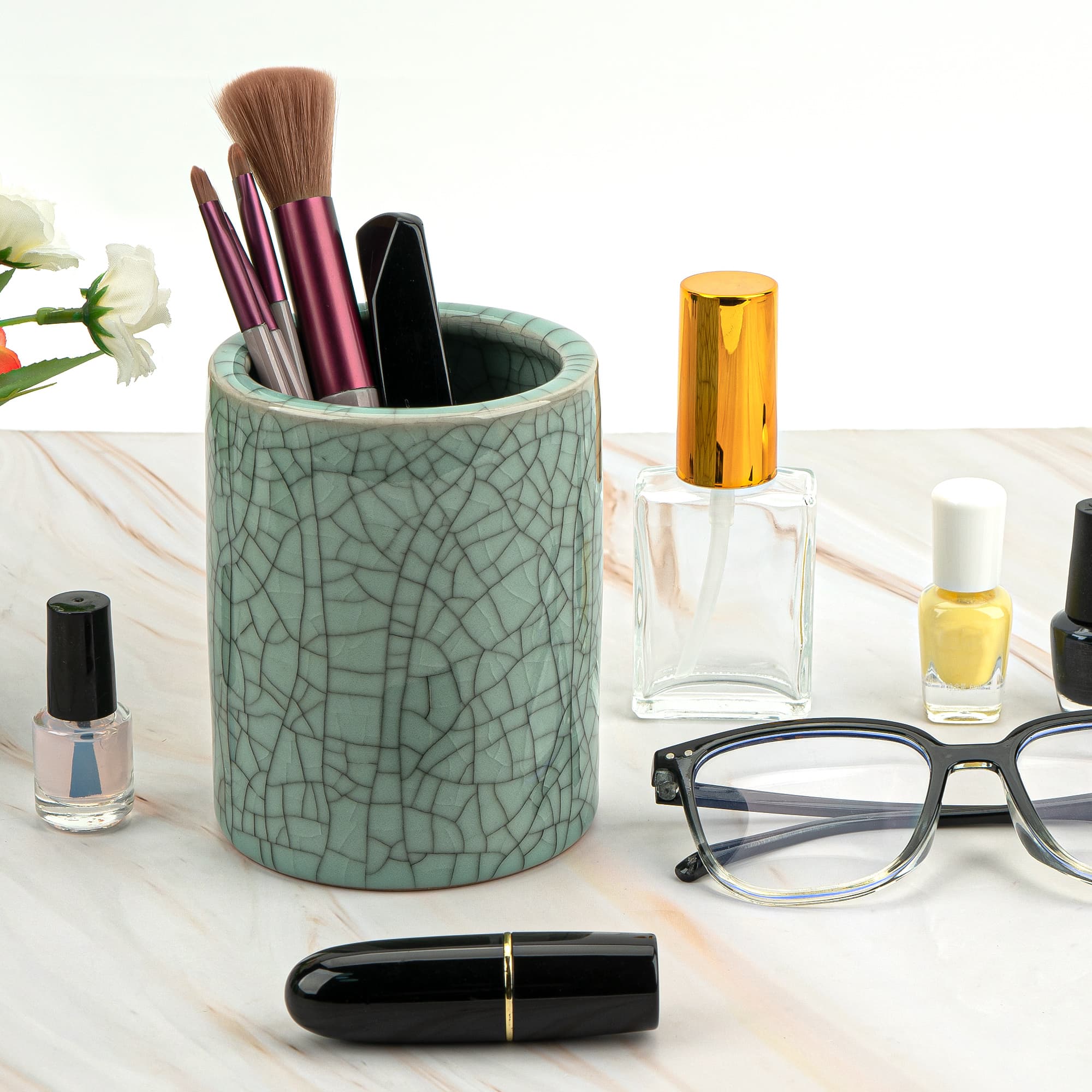 JANKINGS Celadon Ceramic Pencil Holder, Gray Crackle-Glaze Pen Cup for Desk, Solid Ceramic Pen & Brush Organizer, 1-Pack - 4