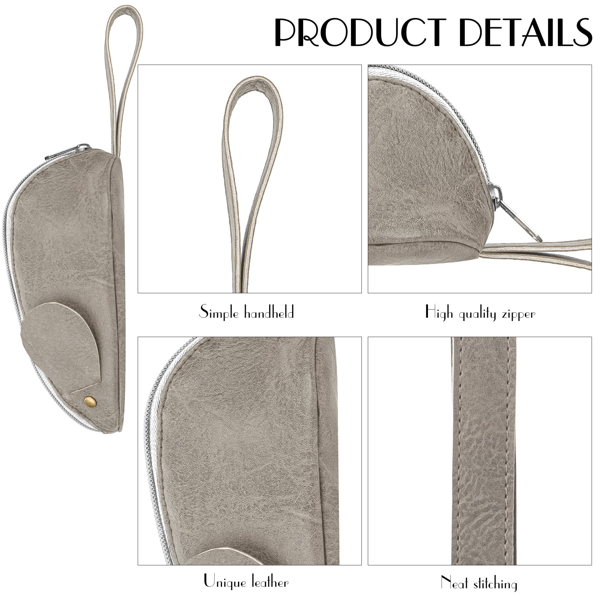 JANKINGS Custom Mouse Pencil Case, PU Leather Zipper Pen Pouch with Wrist Strap Tail, Gray, 1-Pack - 2