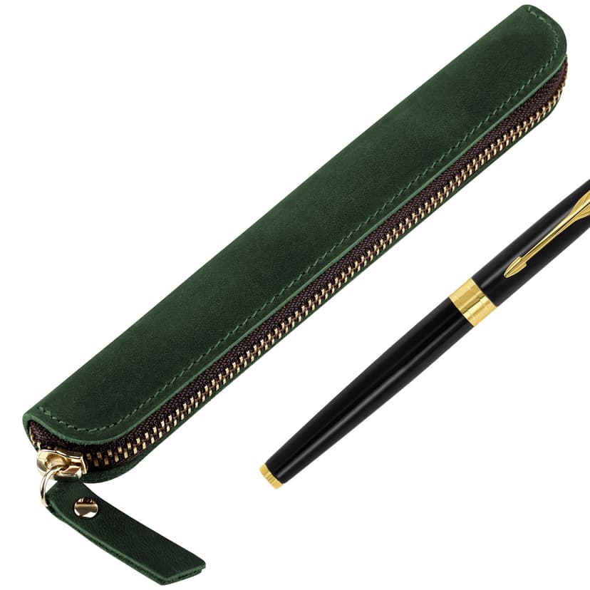 JANKINGS Crazy Horse Leather Zipper Pen Pouch Handmade, Single Pen Case Fountain Pen Sleeve Holder Pouch Cover Vintage, Mini Pencil Bag (Green)