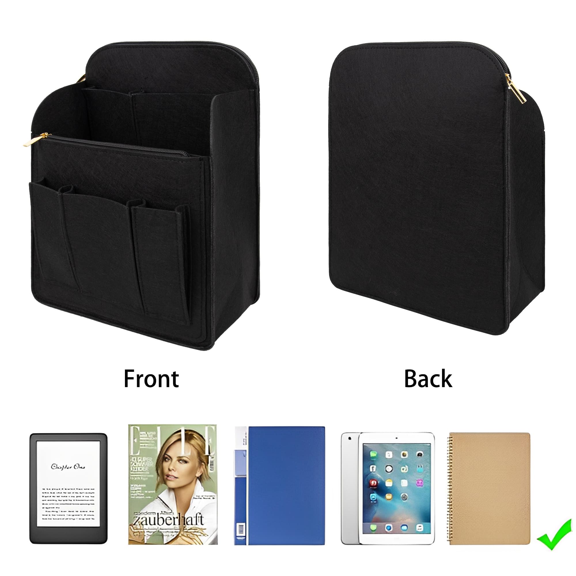 Kingshion Large Capacity Backpack Organizer Insert - Felt Storage Insert for 10"+ Backpacks, Rucksacks & Travel Bags | Vertical Design with Shoulder Strap Slot & Interior Pockets - Black - 5