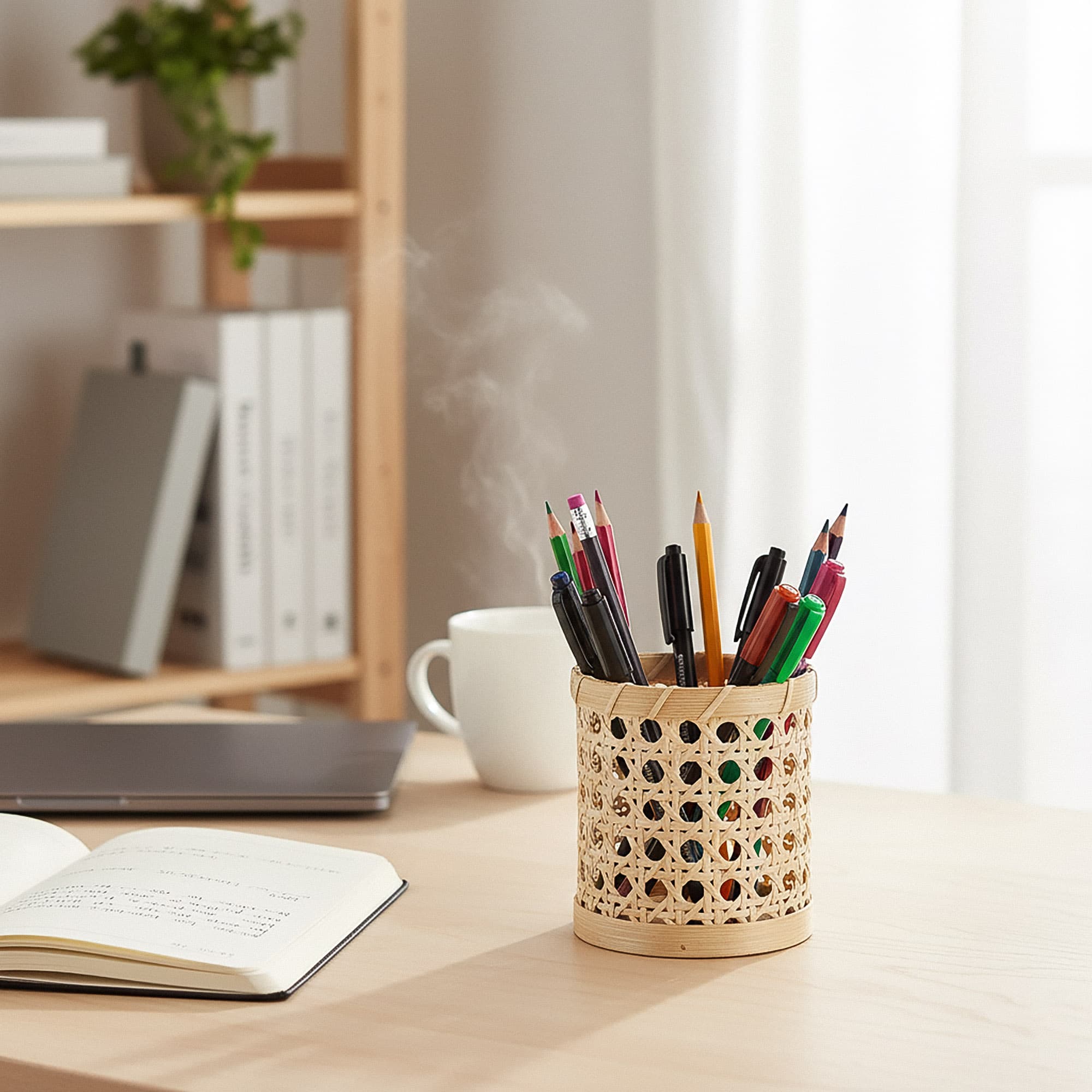 JANKINGS Rattan Pencil Holder, Handwoven Openwork Pen Cup for Desk, White Cane Woven Pencil Cup Organizer, Boho Rustic Office Decor, 1-Pack - 3