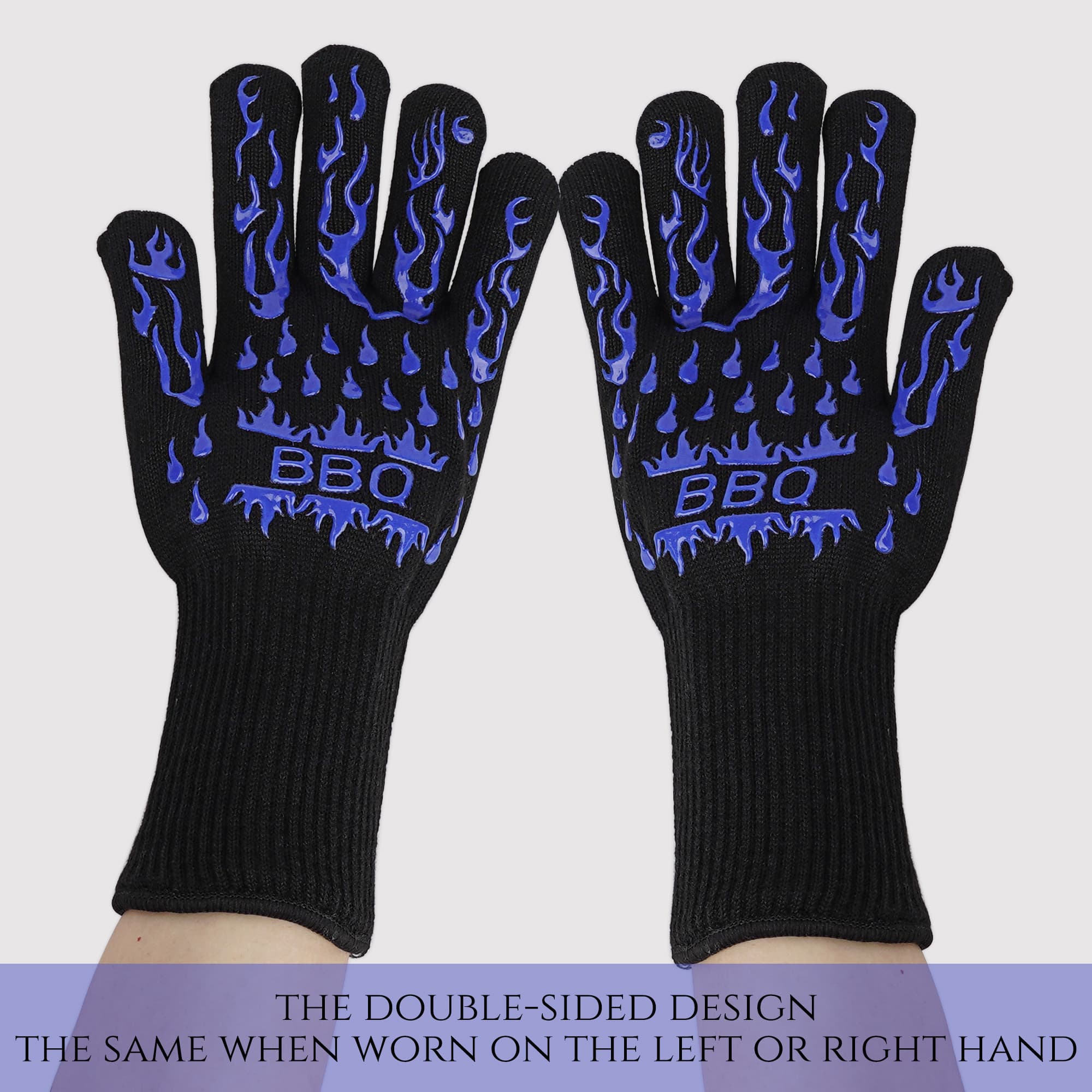 JANKOW Fire Gloves for Grilling, Silicone Oven Gloves Long Great Chose for BBQ, Cooking, Frying,Baking (Blue / Flames) - 2