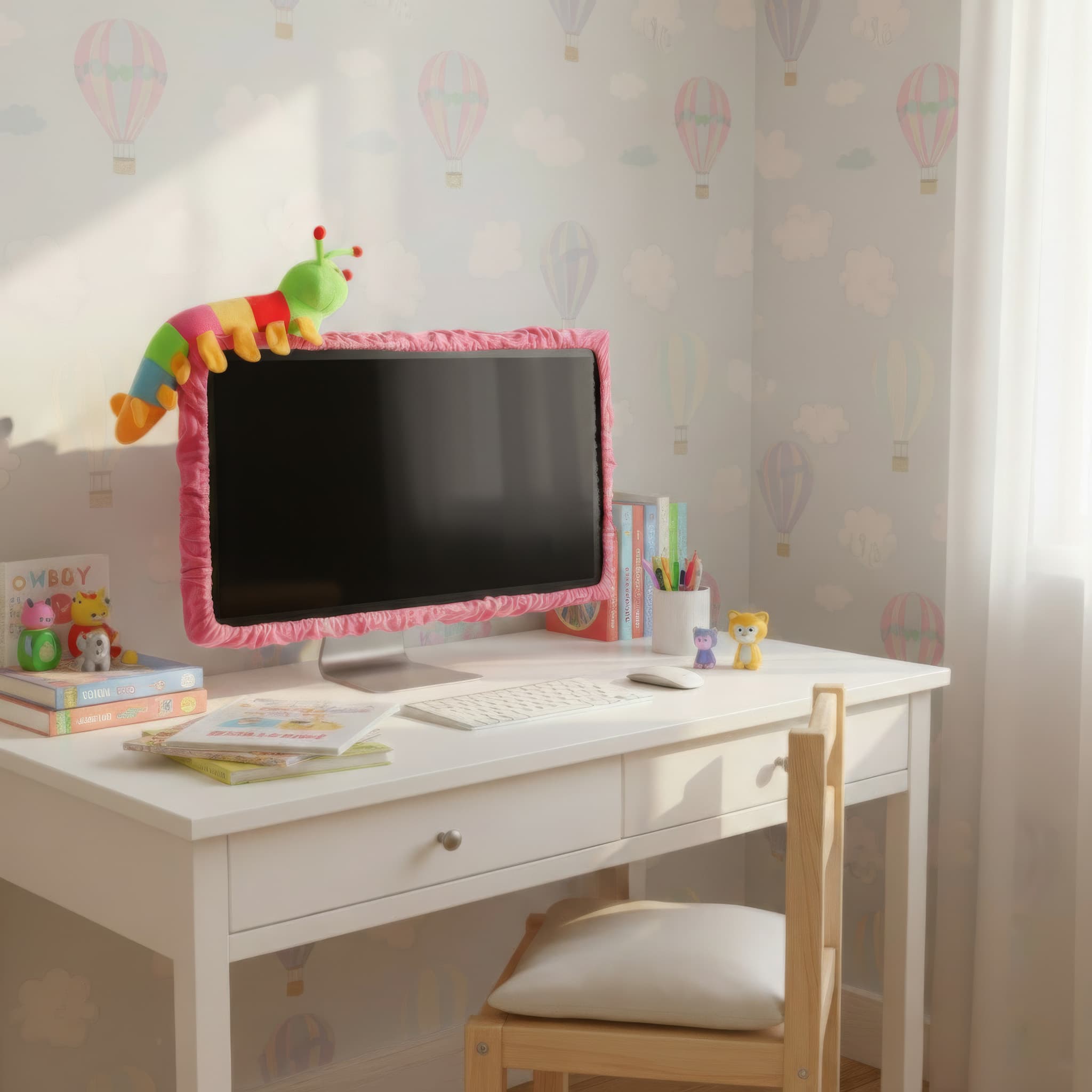 23"-27" Lovely Cute Caterpillar Computer Monitor Cover with Elastic, TV LCD Screen Monitor Decoration Dust Cover Protector, Pink - 5