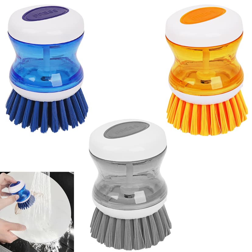 JANKOW 3 Pack Dish Scrubber with Soap Dispenser, Dish Brush, Soap Dispensing Palm Brush for Scrubbing Dishes, Pots or Pans