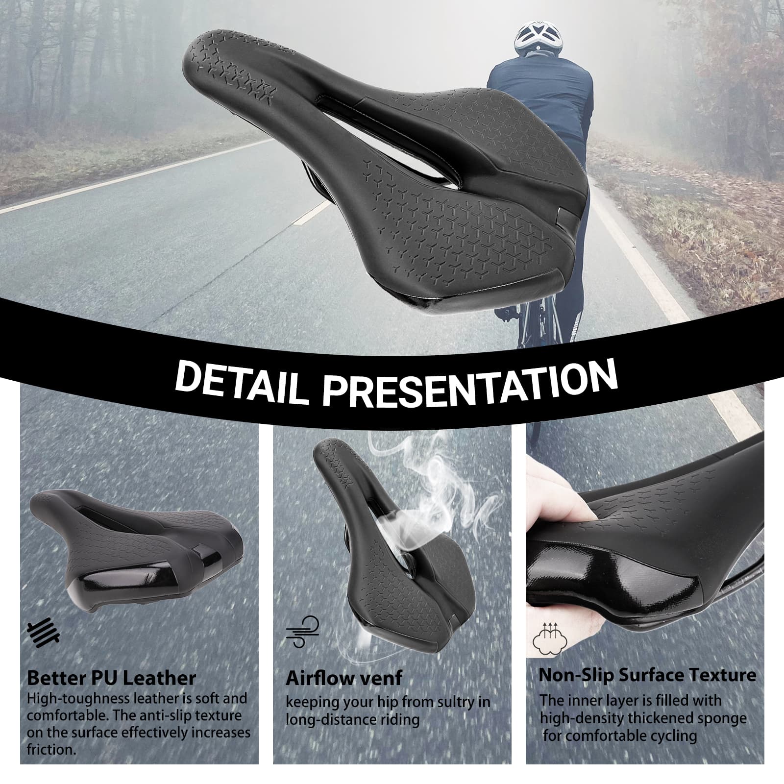 RidingRush Mountain Bike Seat, Comfortable Bicycle Saddle for Men & Women, Ergonomic Hollow MTB Bike Seat with Padding, Shock Absorbing Road Bike Saddle, Compatible with E-Bike & Hybrid - 4