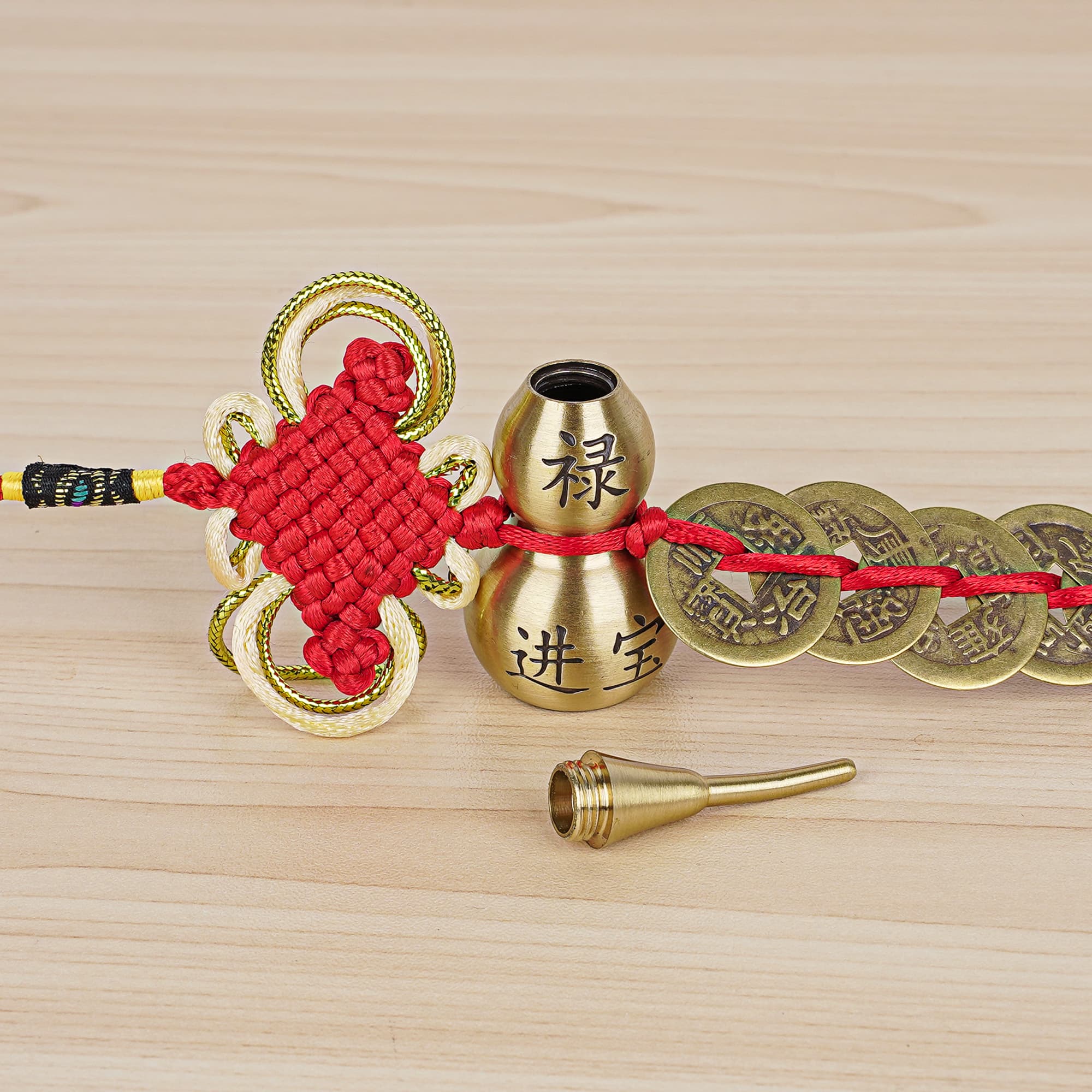 JANKOW Brass Gourd and Five Emperor Coins Ornament with Feng Shui Chinese Knot and Tassels - Good Luck Hanging Ornament Gift - 6