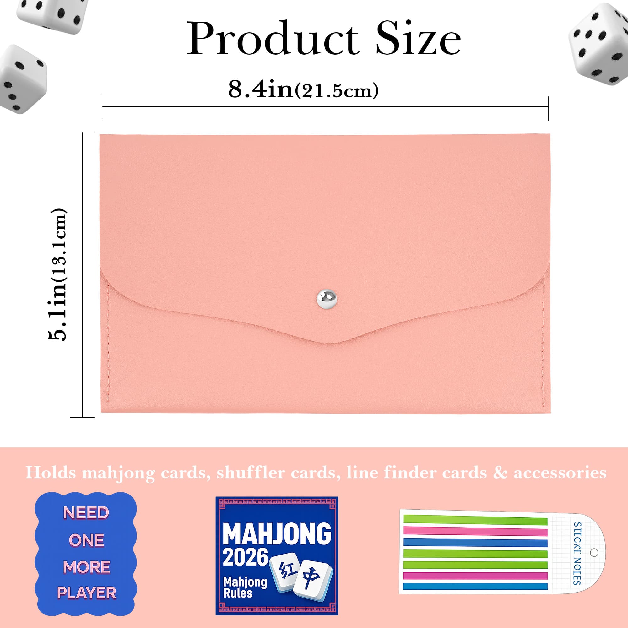 ReignSword Mahjong Card Storage Bag, PU Vegan Leather Mahjong Card Holder, Snap Button Standard Hands Rules Card Organizer, 8.46x5.31 Inch, Pink - 4