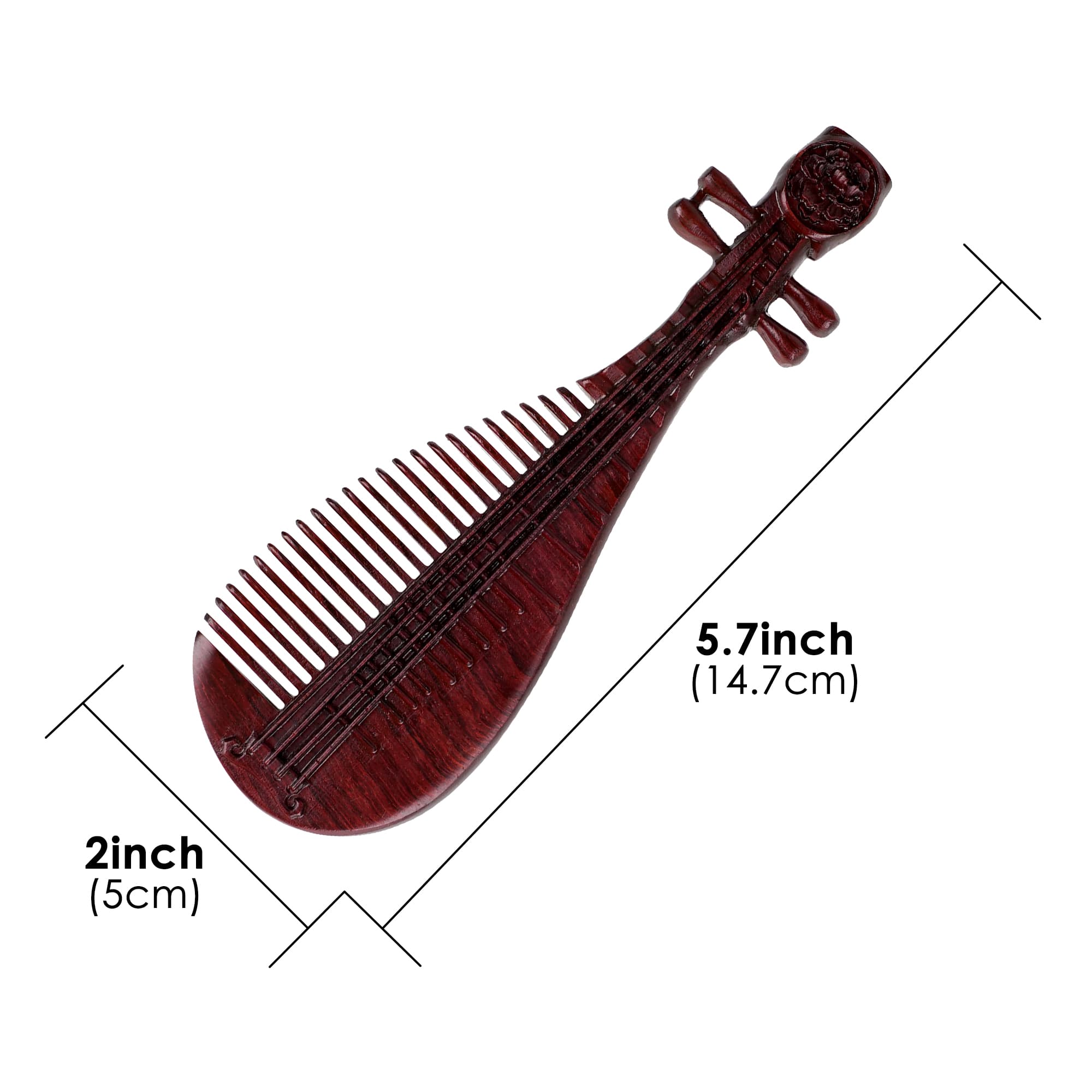 JANKOW Hand-Carved Sandalwood Wooden Hair Comb, Natural Red Sandalwood Pipa-Shaped Wide-Tooth Anti-Static Detangler & Scalp Massager for Women, 1-Pack - 2