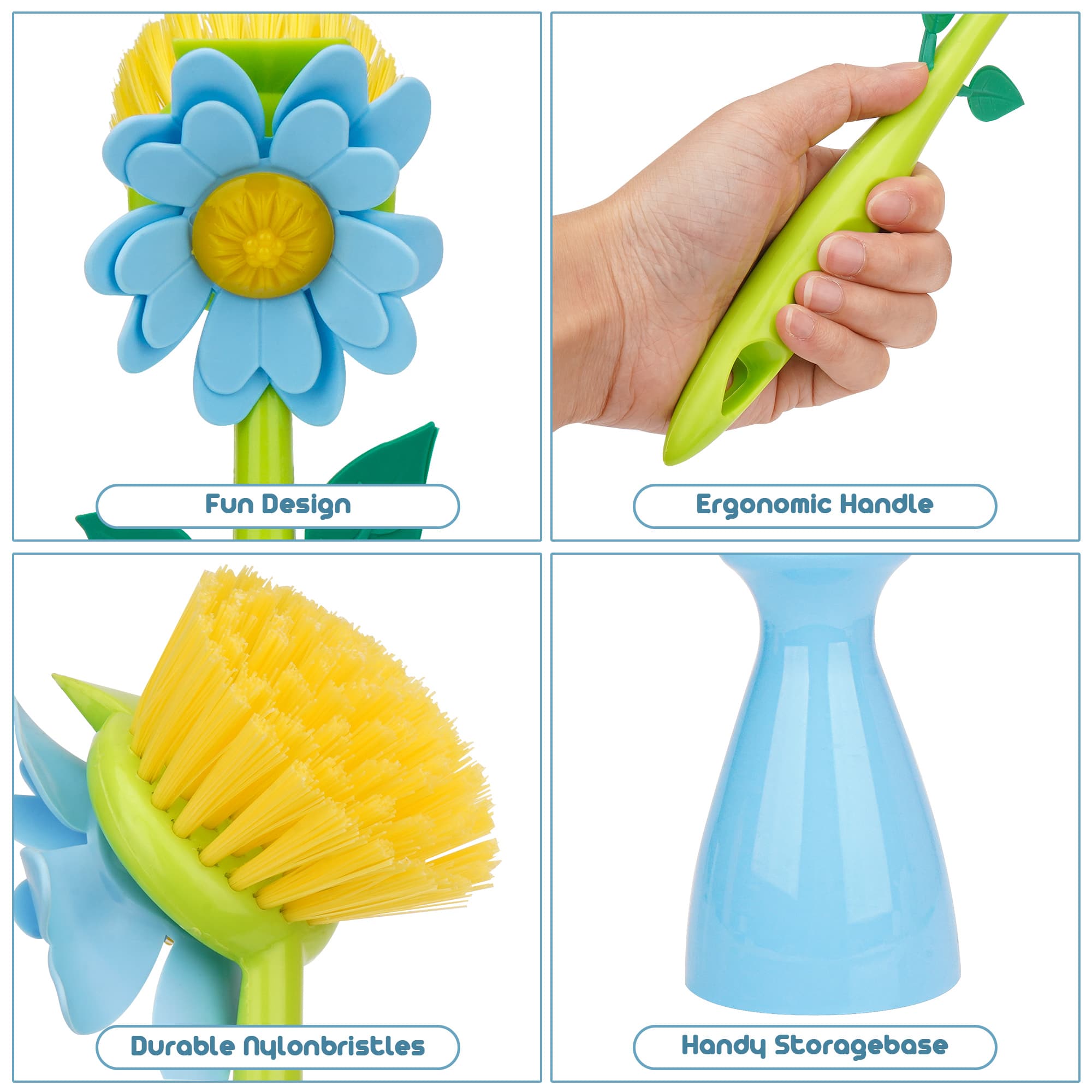 JANKOW Long Handle Flower Pot Brush, Florganic Dish Brush with Vase, Long Handle Dish Brush Kitchen, for Cleaning Pot Pan Sink Kitchen Supplies Decorative Vase (2 Pcs Blue, Pink) - 2