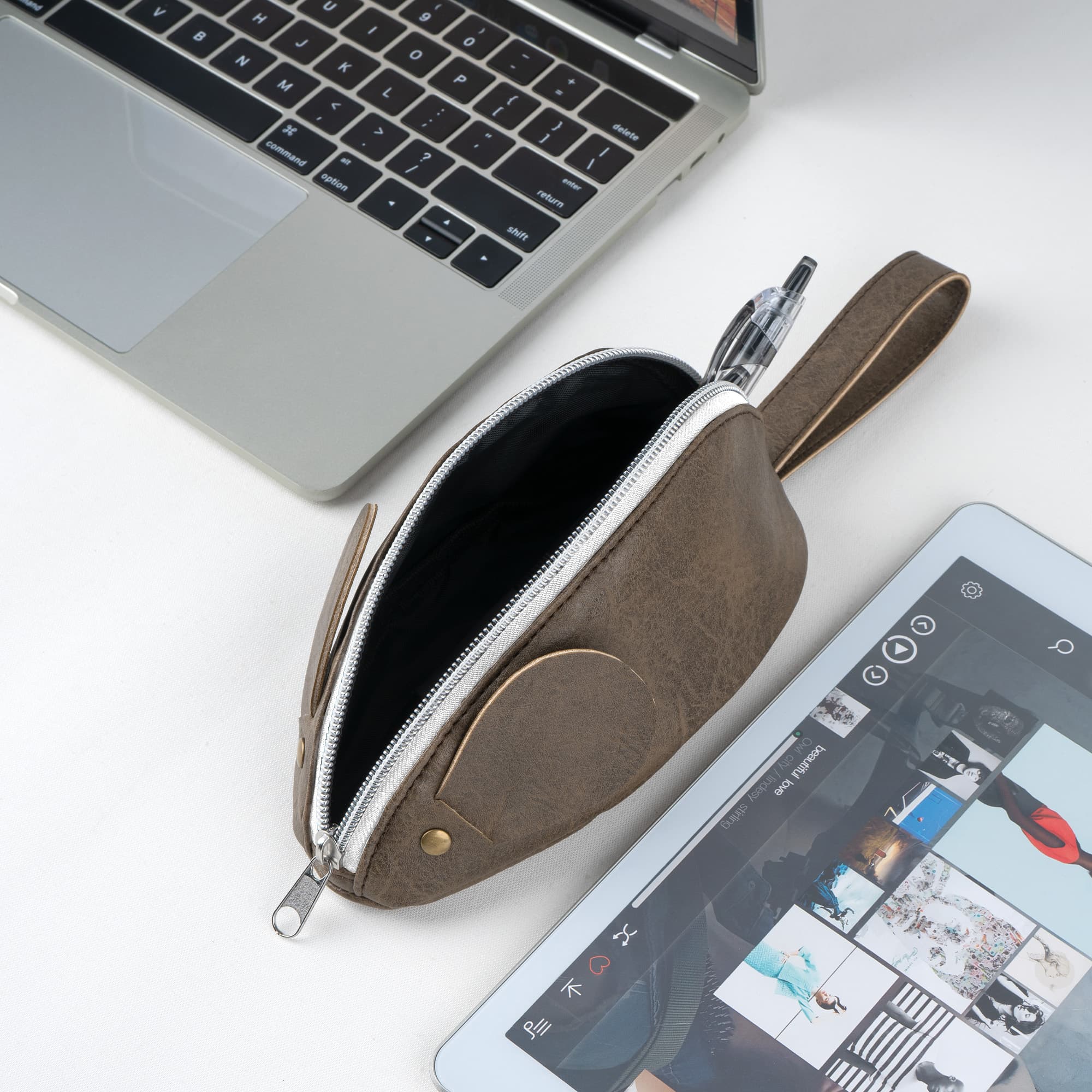 JANKINGS Custom Mouse Pencil Case, PU Leather Zipper Pen Pouch with Wrist Strap Tail, Brown, 1-Pack - 3