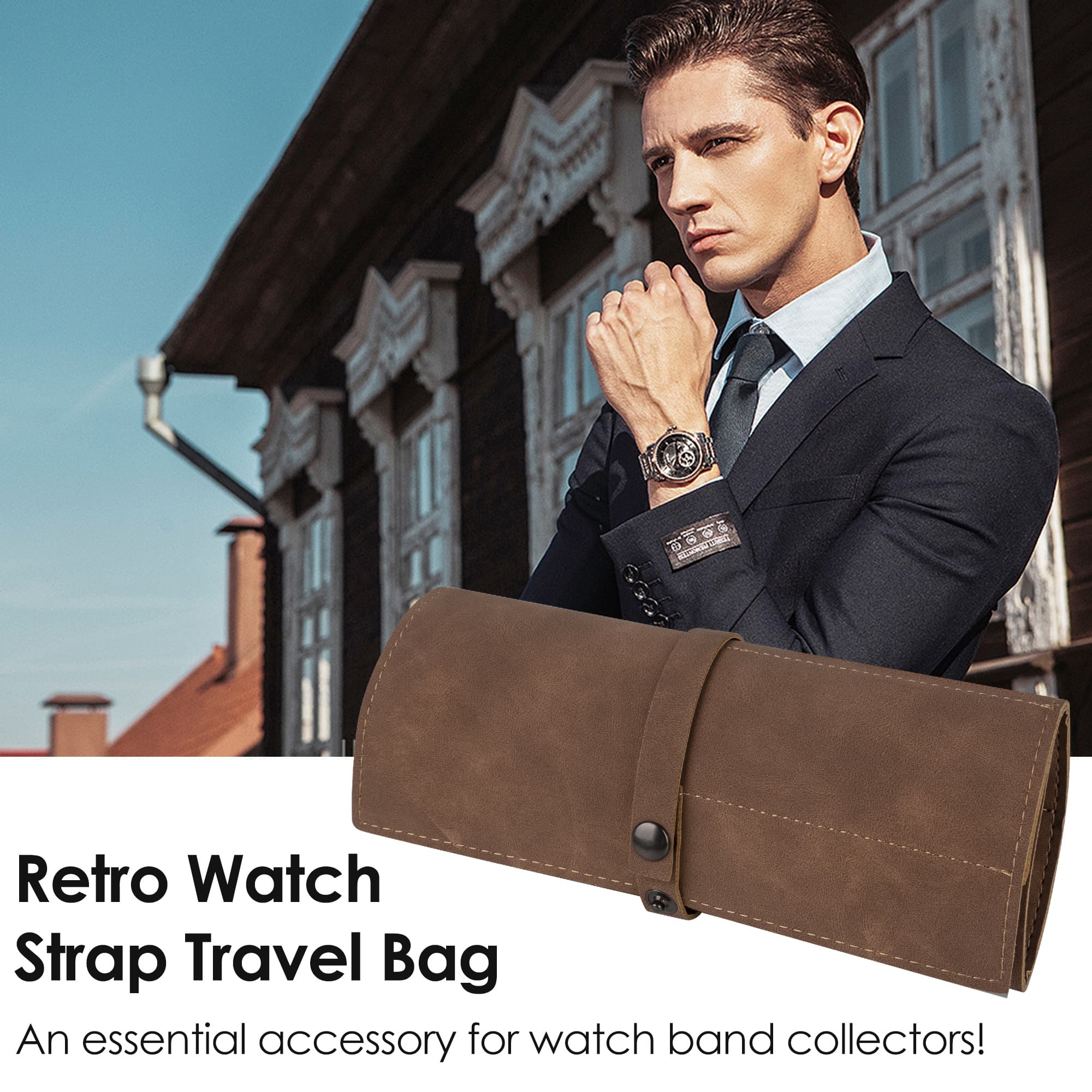 ReignSword Vegan Leather Watch Band Storage Case, Waterproof Watch Strap Roll Organizer with 5 Slots, Travel Accessories Pouch Compatible with Apple/Garmin/Samsung Watch Bands (Coffee) - 7