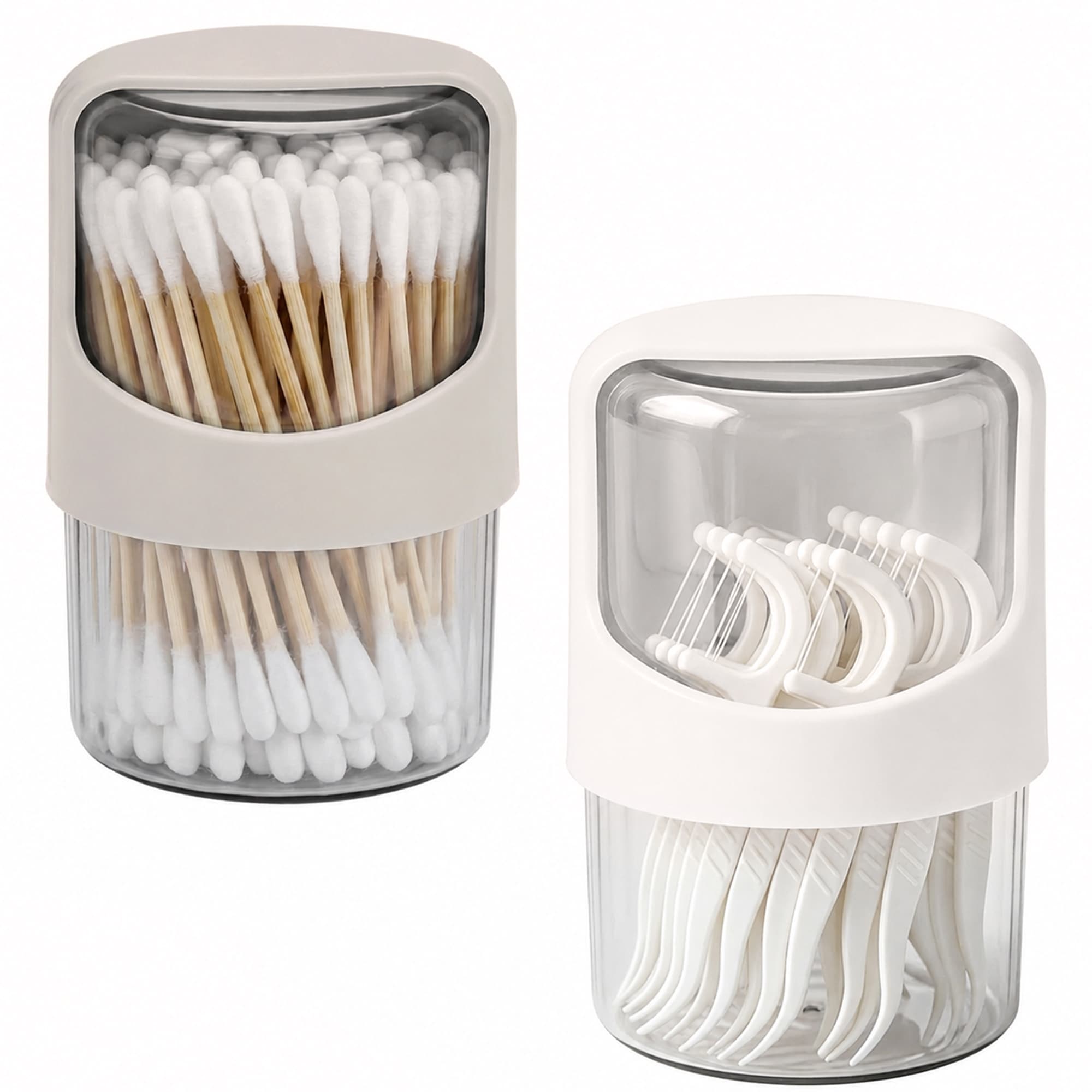 ReignSword 2 Pack Qtip Holder Dispenser with Rotating Lid, Clear Cotton Swab Holder Plastic Container, Bathroom Jar Organizer for Cotton Swabs, Balls, Pads, Dental Floss (Off-White & Light Gray) - 2